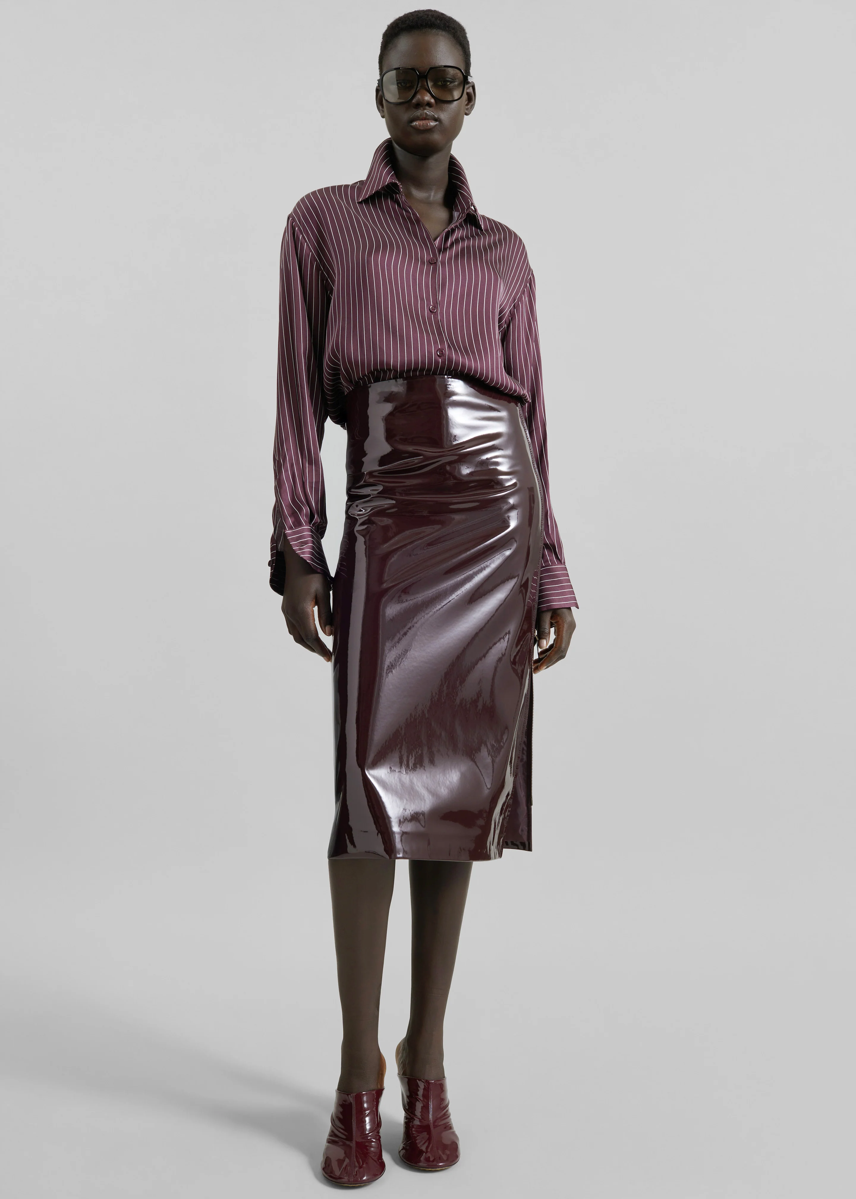 Peri Satin Fluid Shirt - Burgundy/White Pinstripe - Image 5