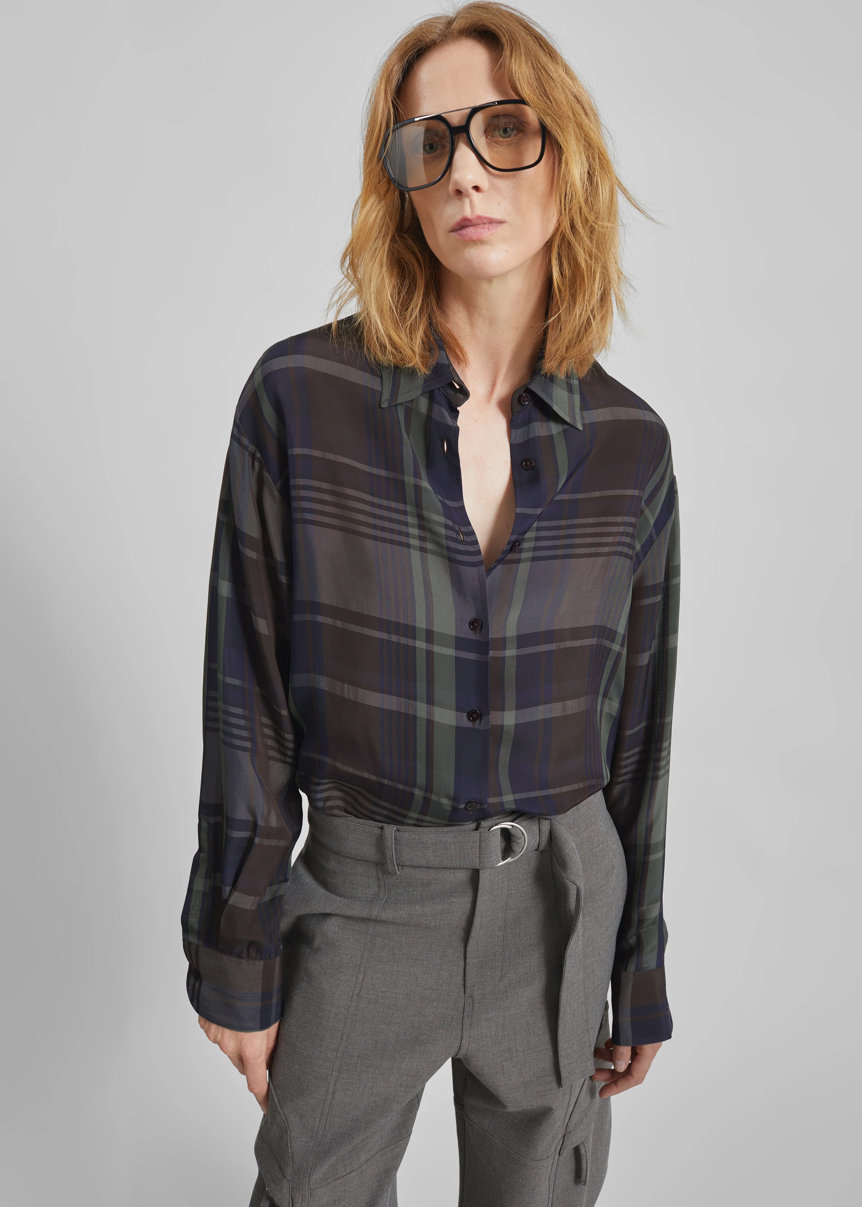 Peri Sheer Fluid Shirt - Navy Tartan - Image 2