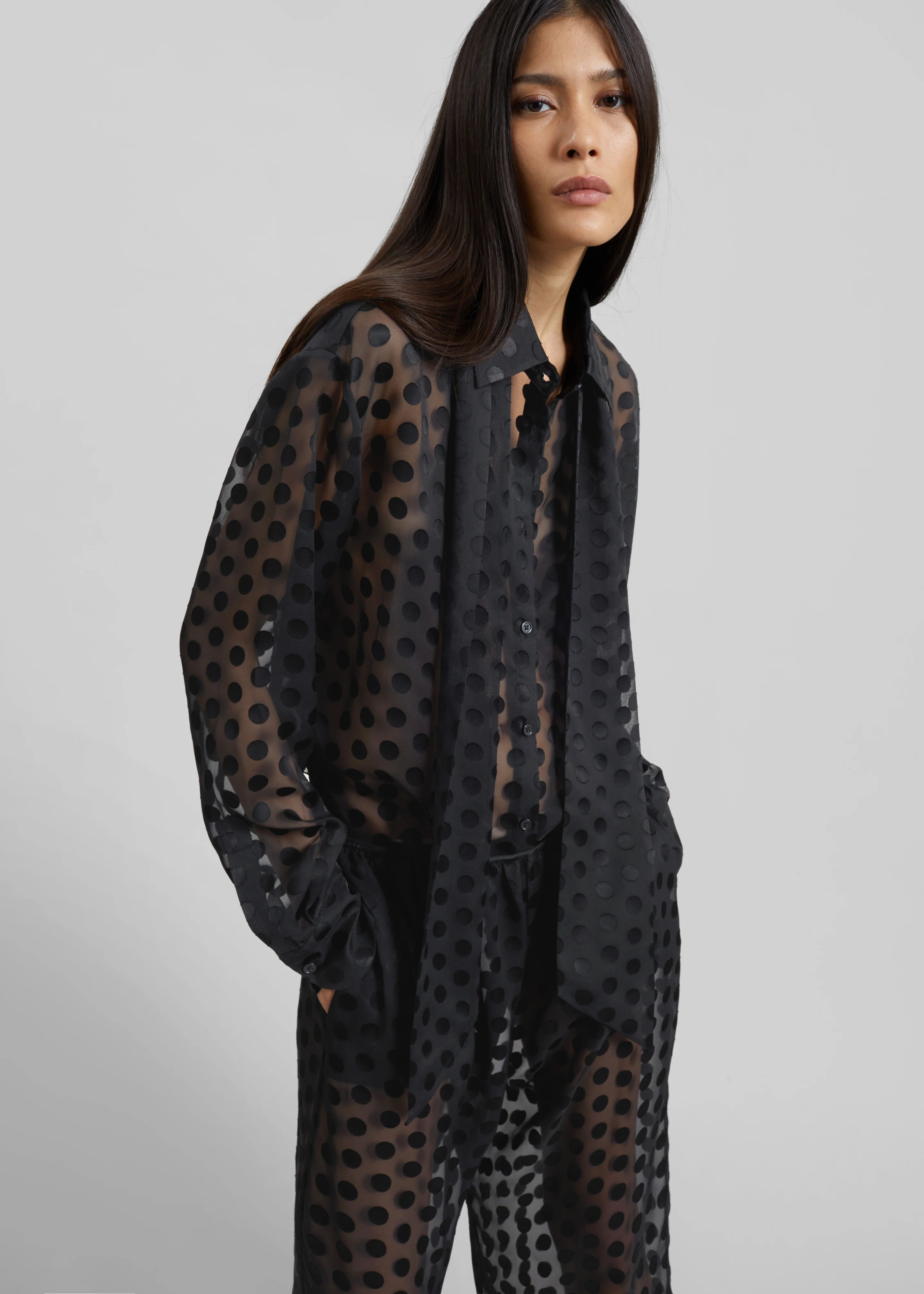 Peri Sheer Tie-Neck Shirt - Black Polka Dot - Image 10