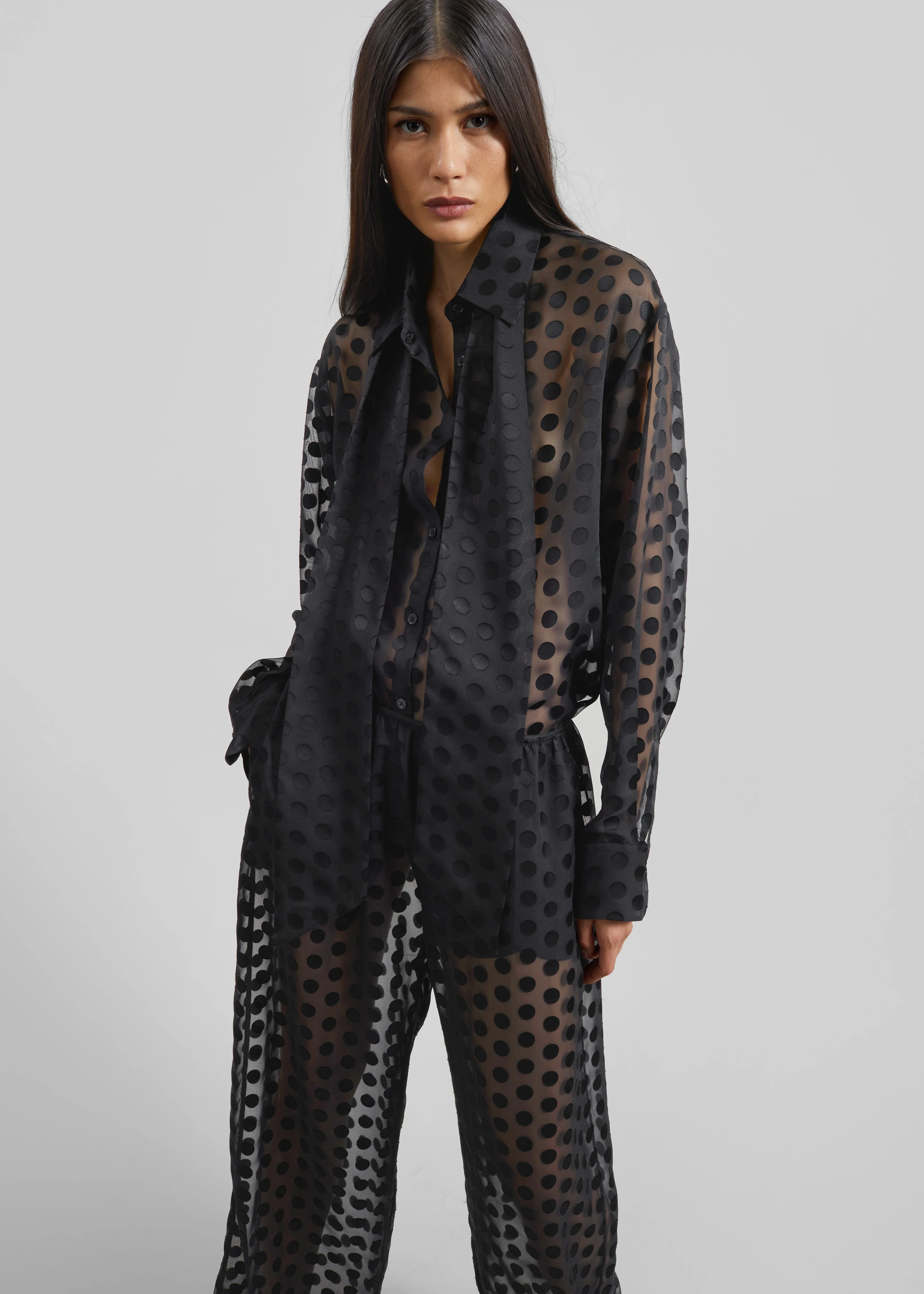 Peri Sheer Tie-Neck Shirt - Black Polka Dot - Image 9