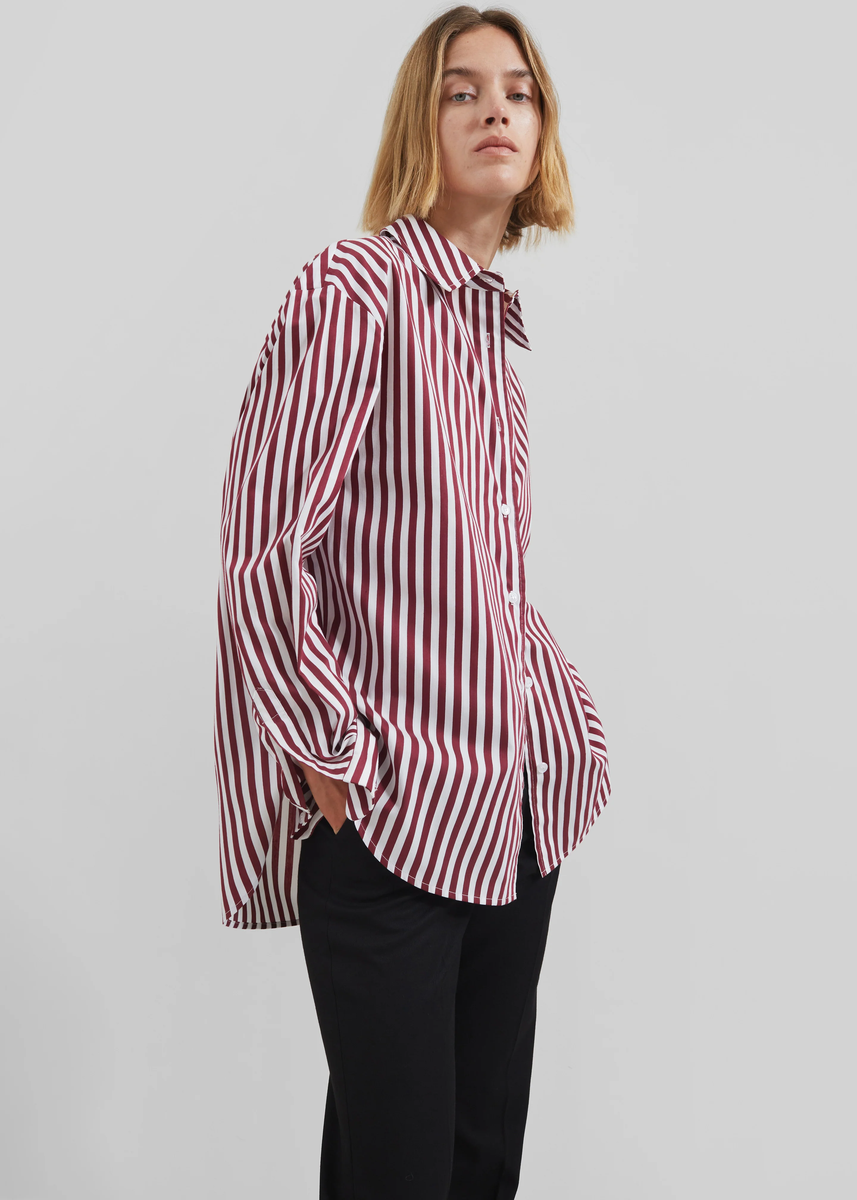 Peri Striped Poplin Shirt - Burgundy/White - Image 5