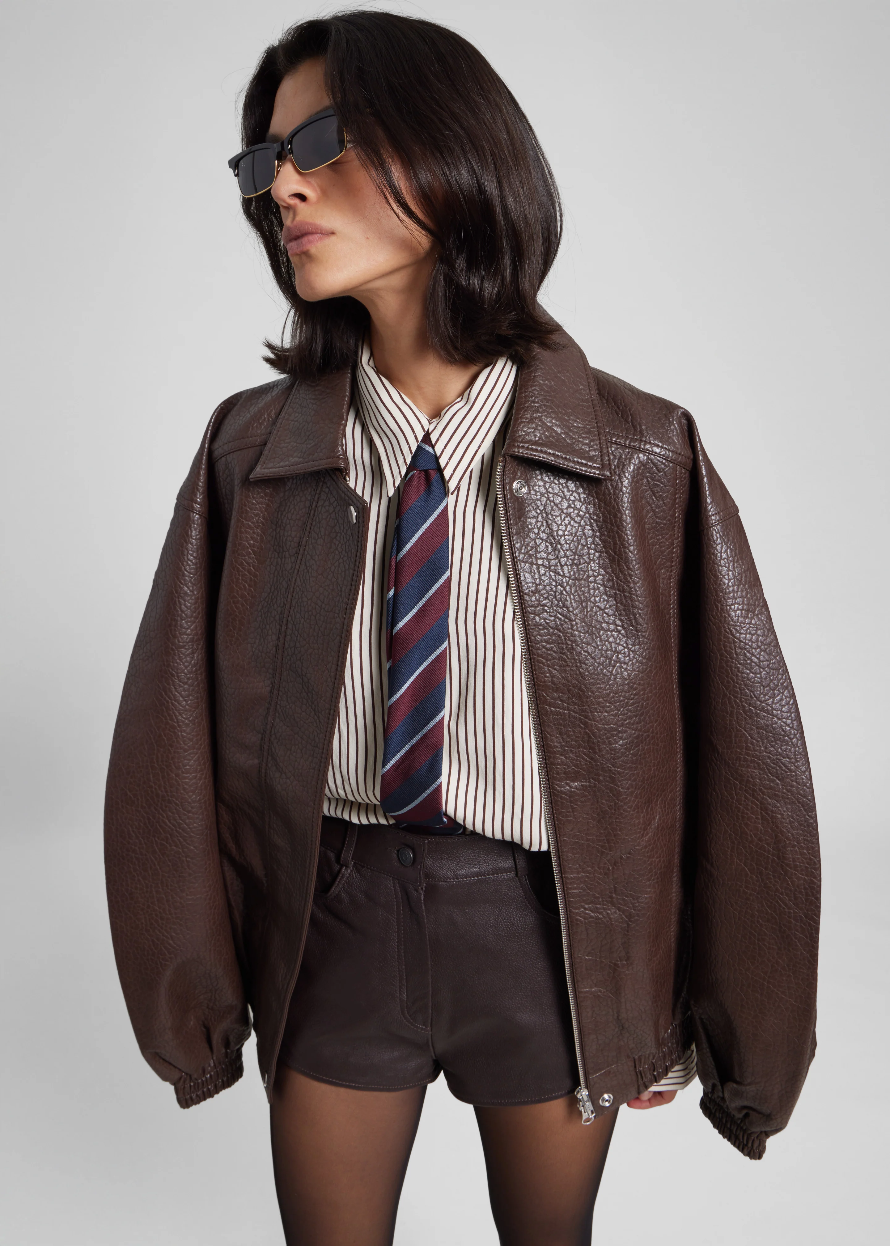 Prescott Grained Faux Leather Jacket - Brown - Image 4