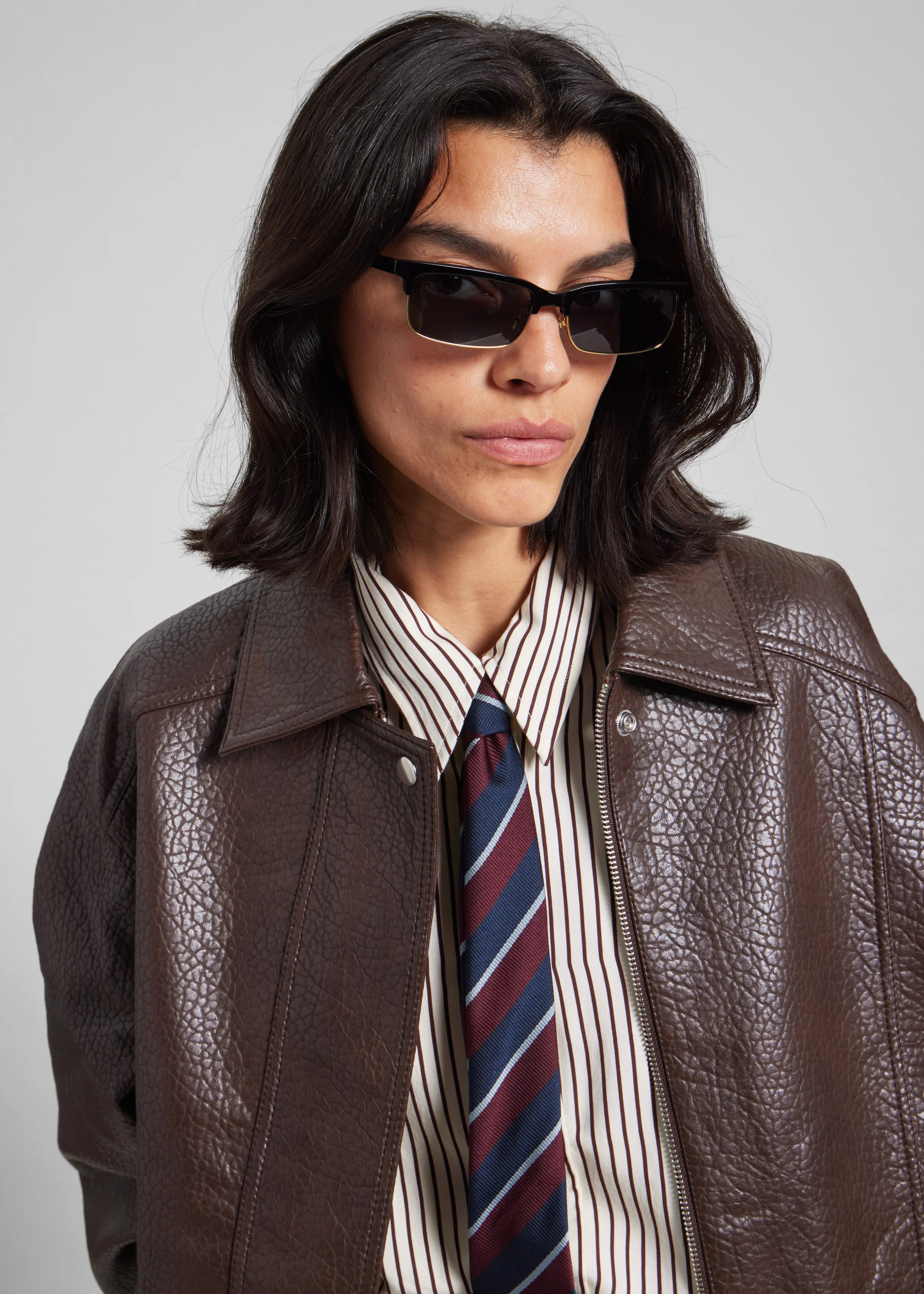 Prescott Grained Faux Leather Jacket - Brown - Image 5