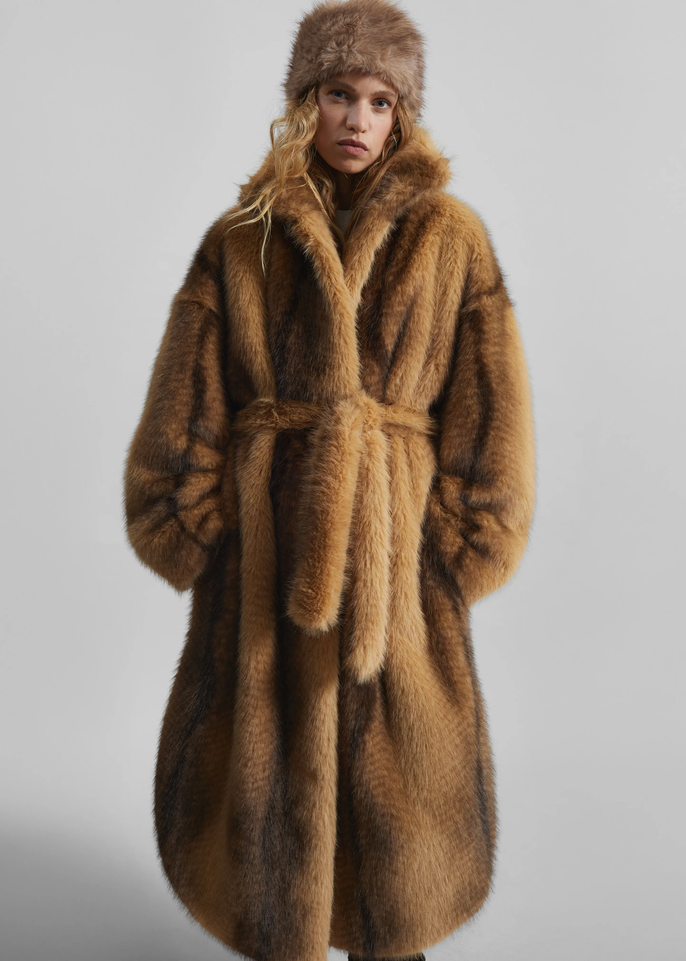 Ravello Faux Fur Robe Coat - Beige/Brown - Image 3