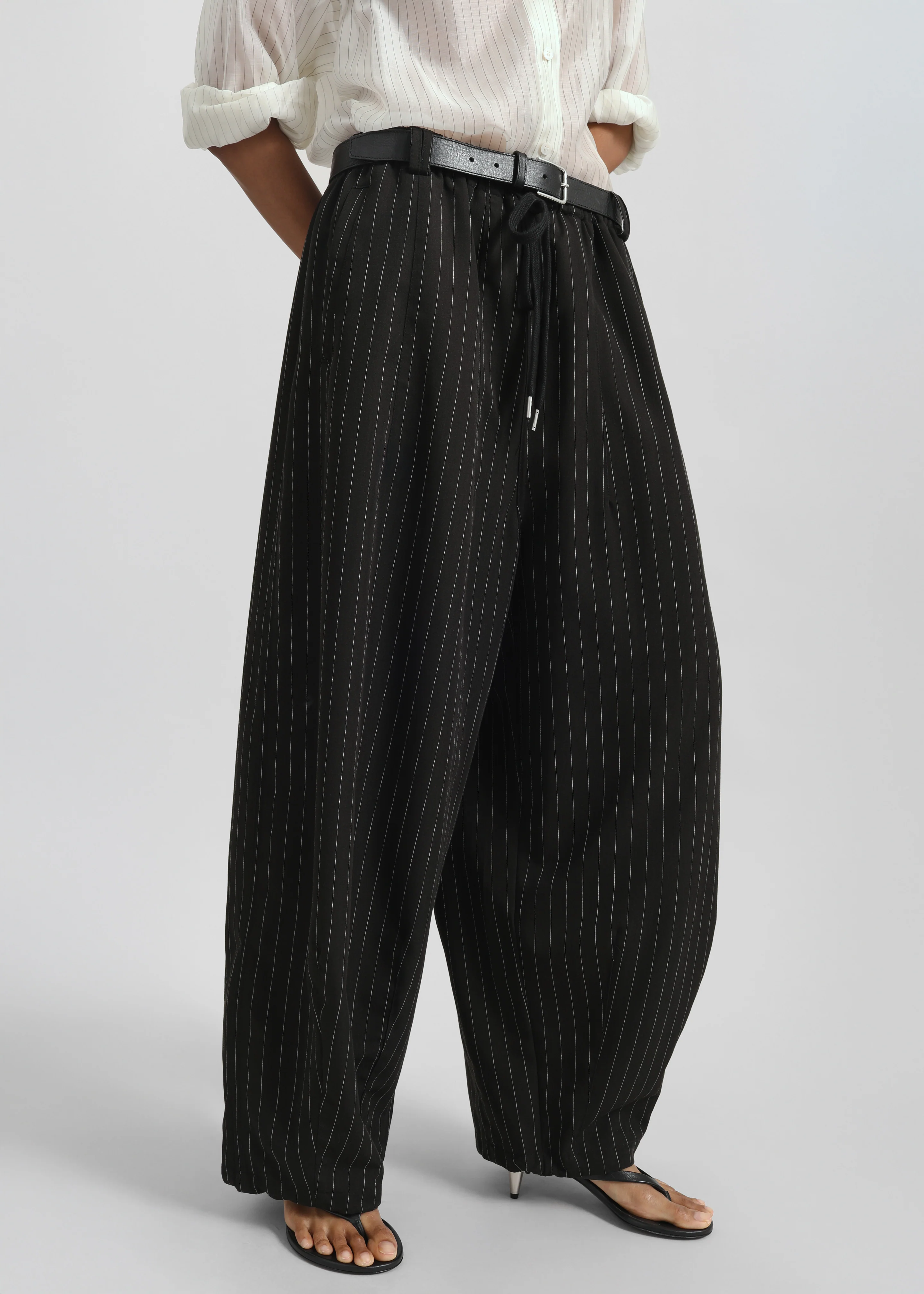 Rilton Drawstring Pants - Black/White Pinstripe - Image 2