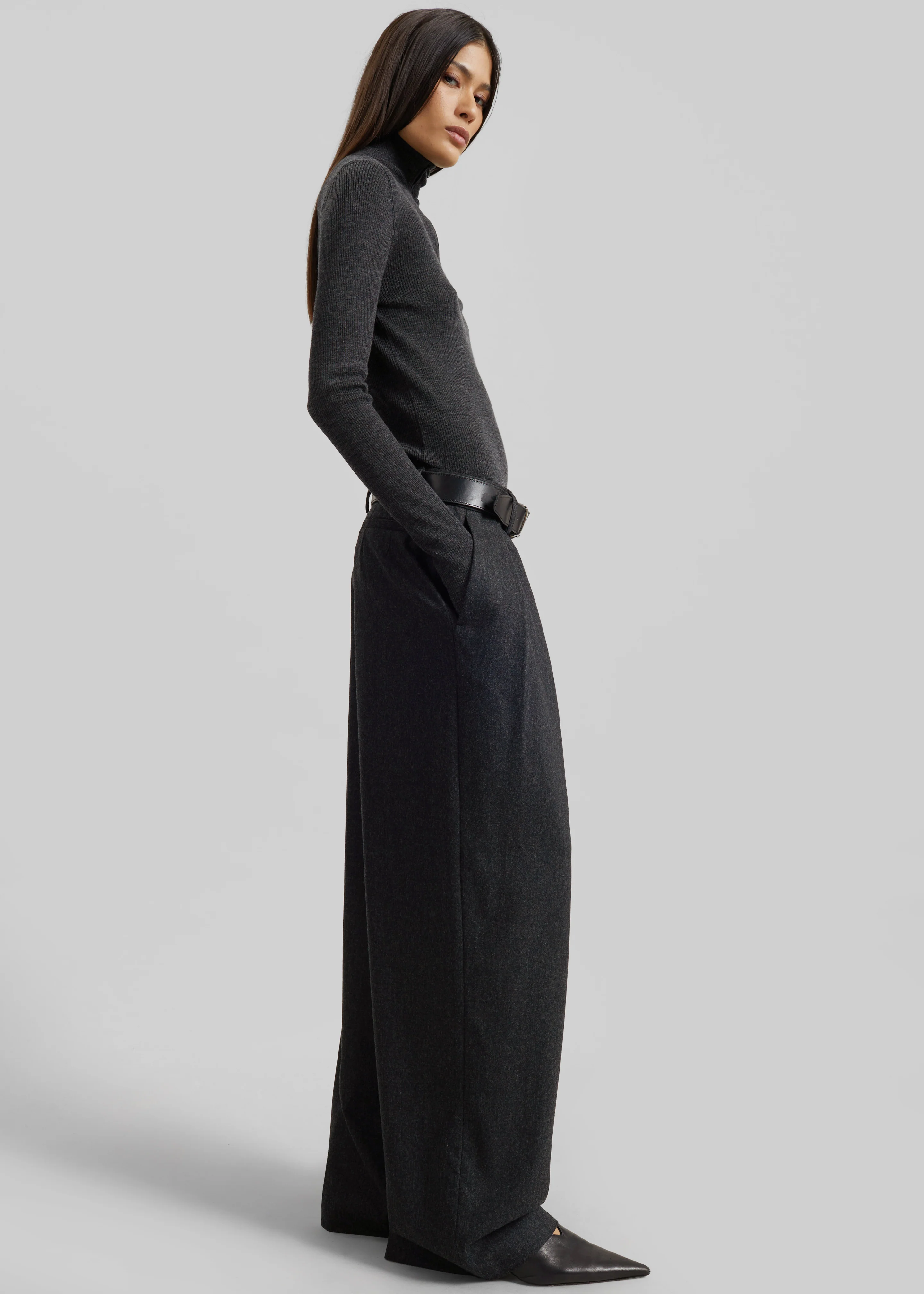 Ripley Flannel Pleated Trousers - Dark Grey - Image 5