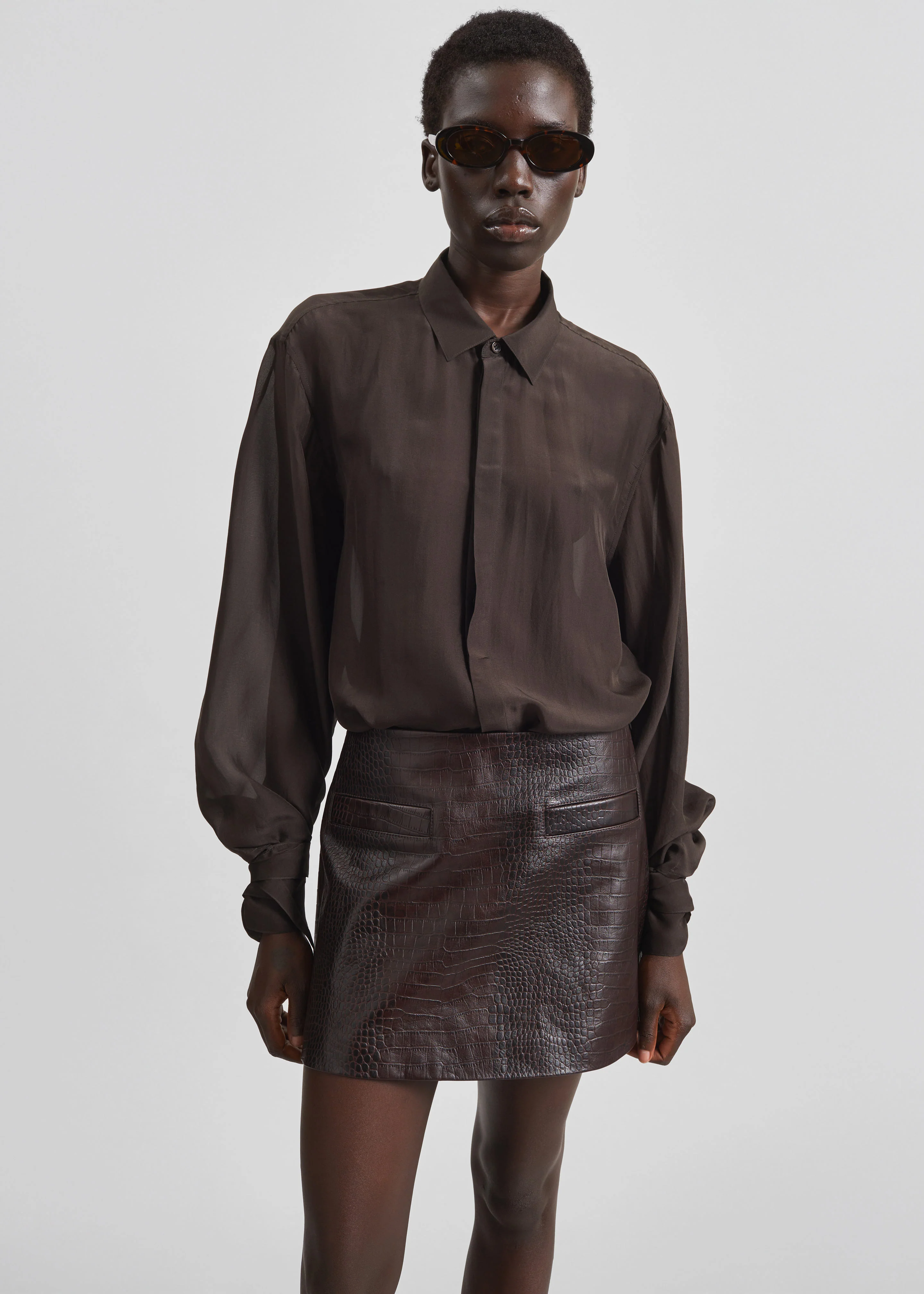 Rory Croc Leather Mini Skirt - Dark Brown - Image 3