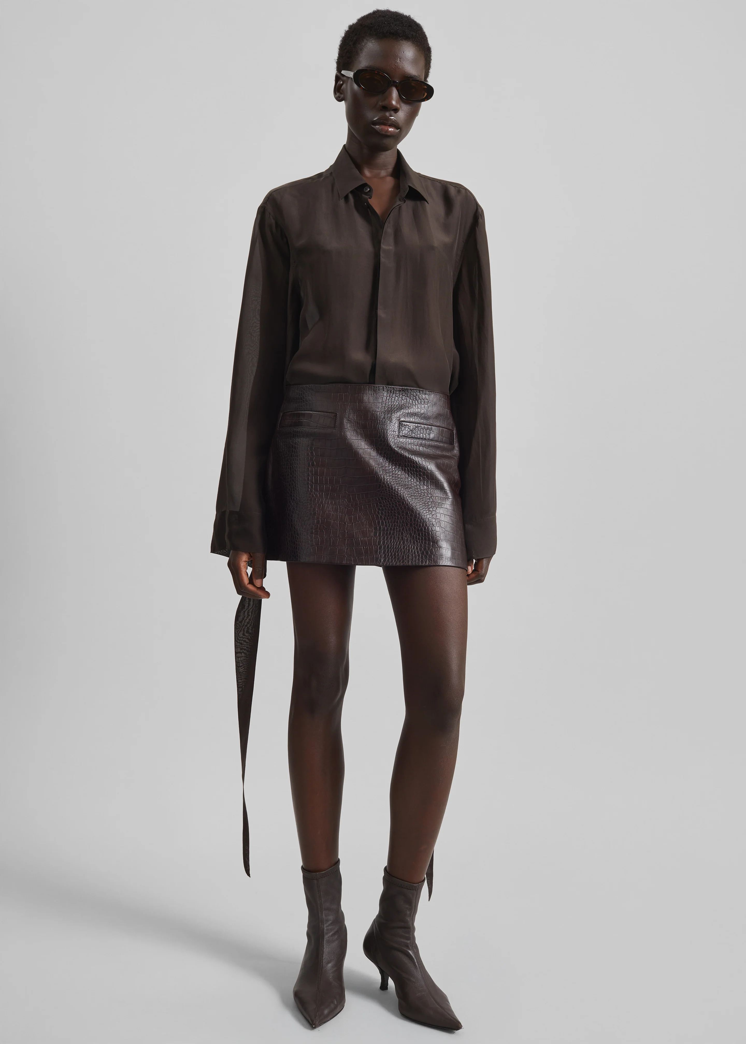 Rory Croc Leather Mini Skirt - Dark Brown - Image 4