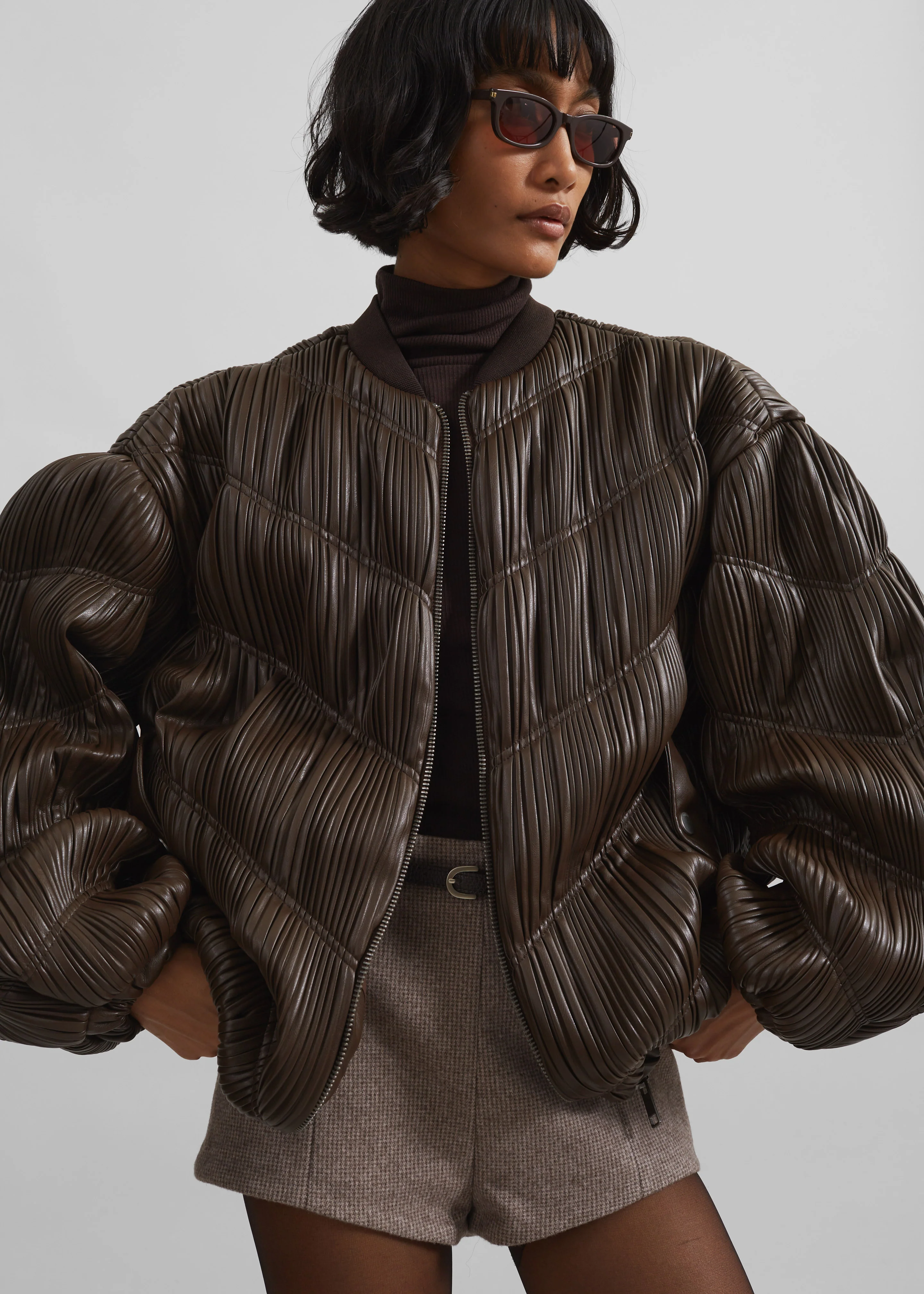 Rotate Pleated Bomber Jacket - Chocolate Brown - Image 2