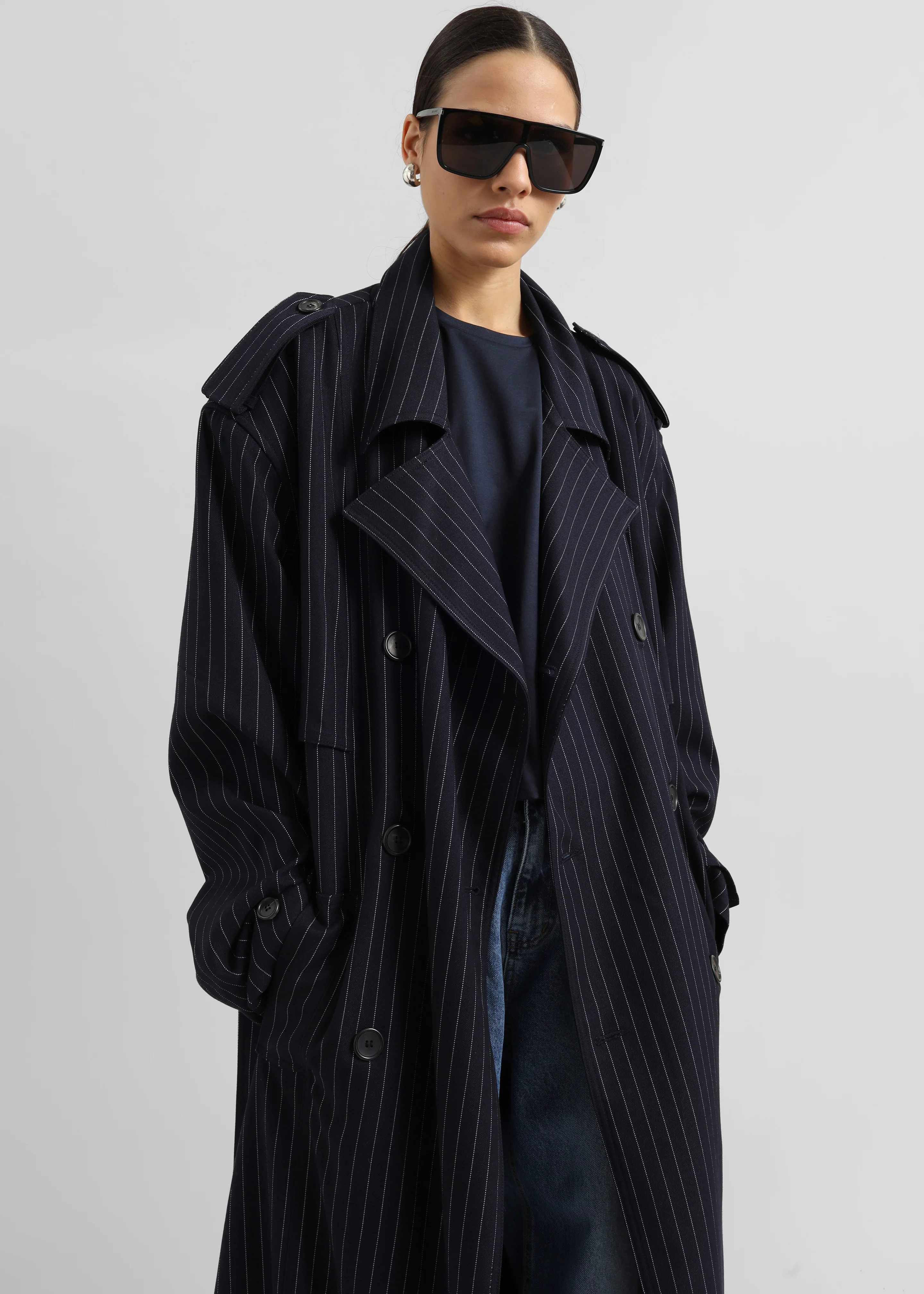 Salford Pinstripe Trench - Navy - Image 3