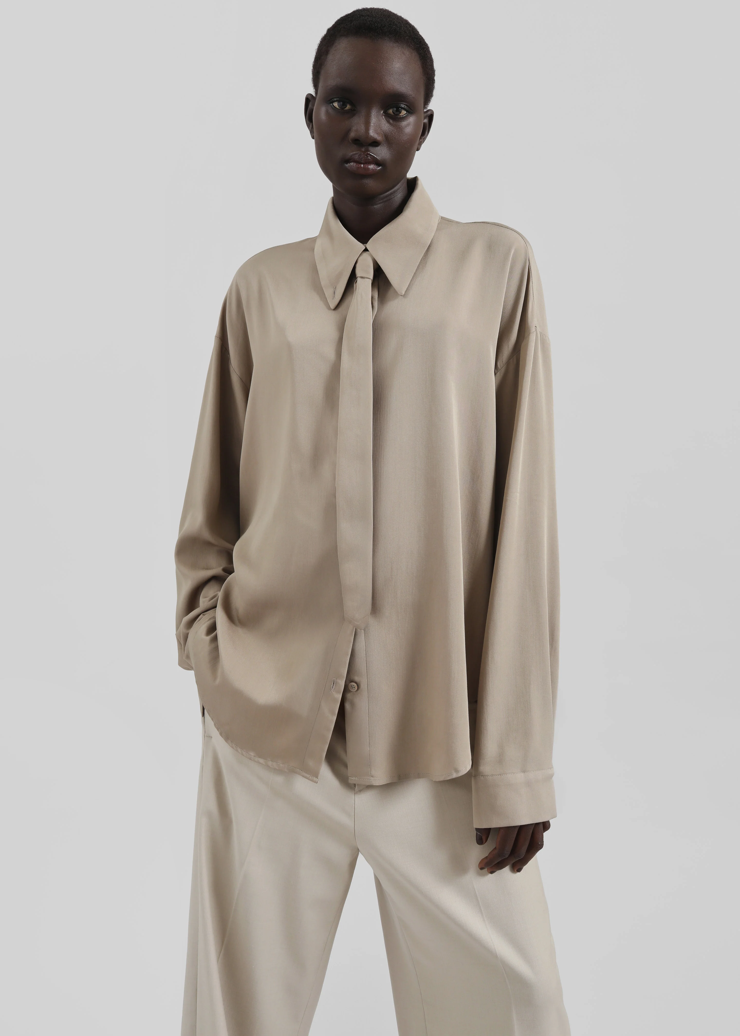 Silvan Neck Tie Shirt - Taupe - Image 6