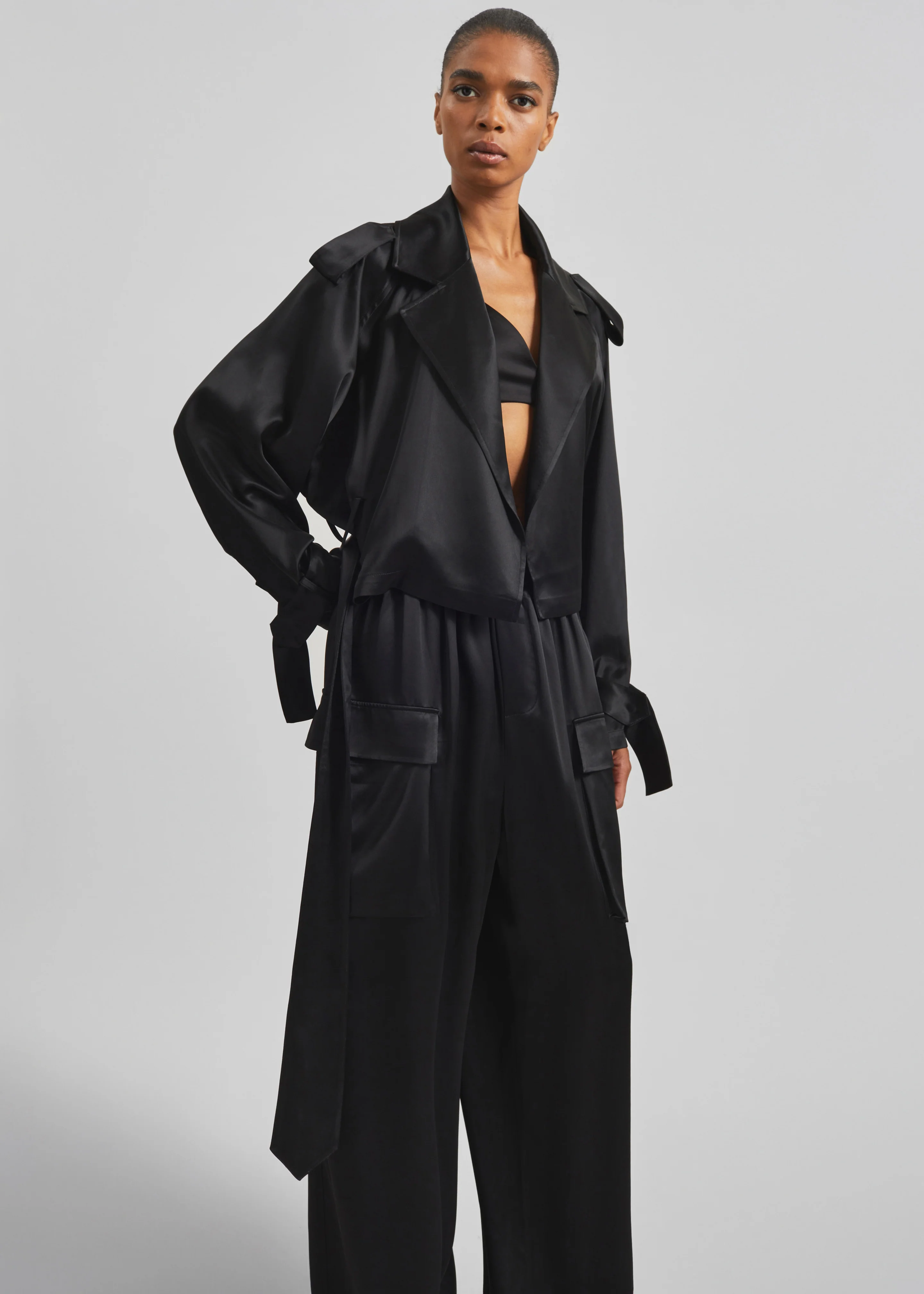 Simona Satin Short Trench - Black - Image 5