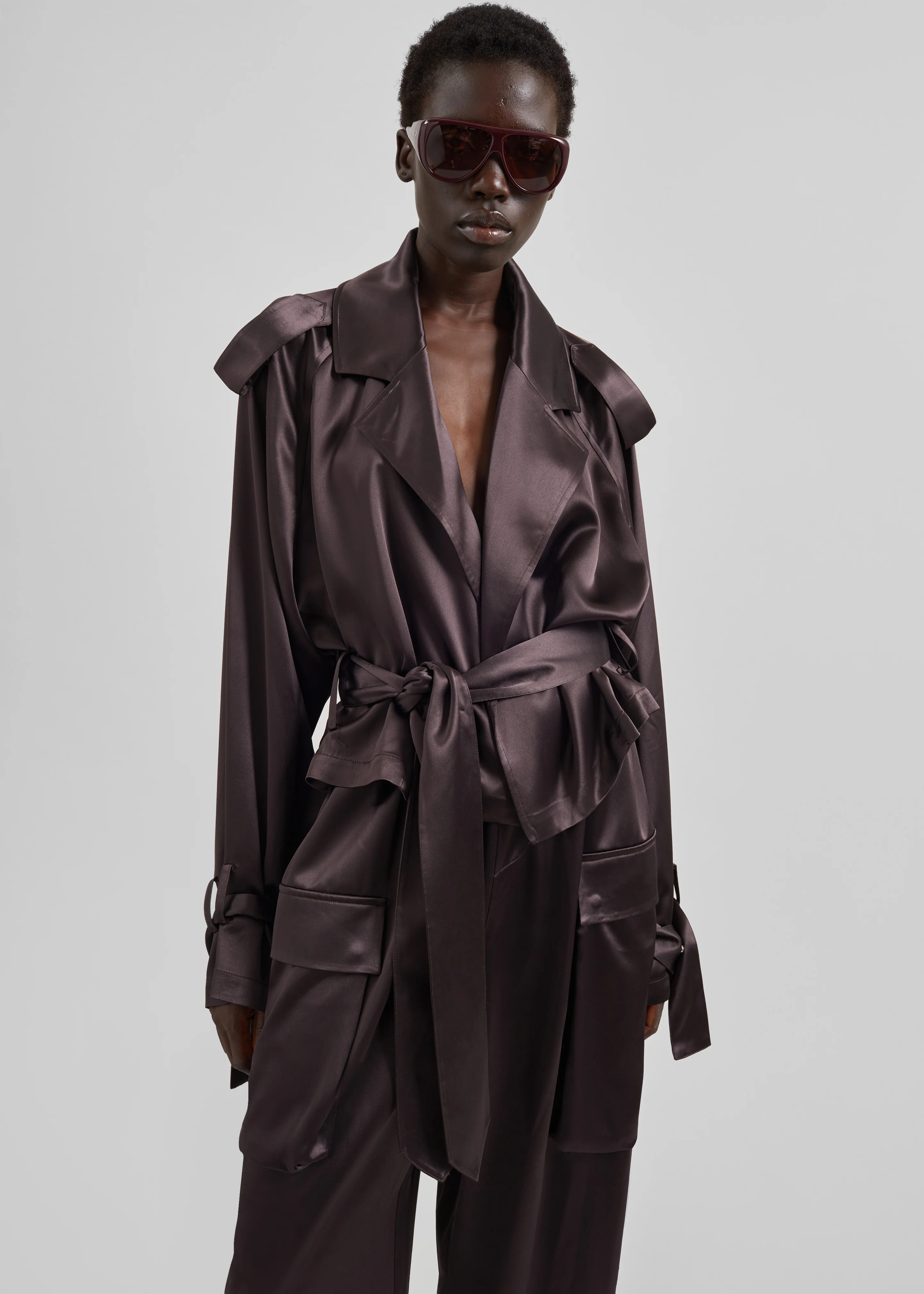 Simona Satin Short Trench - Dark Brown - Image 2