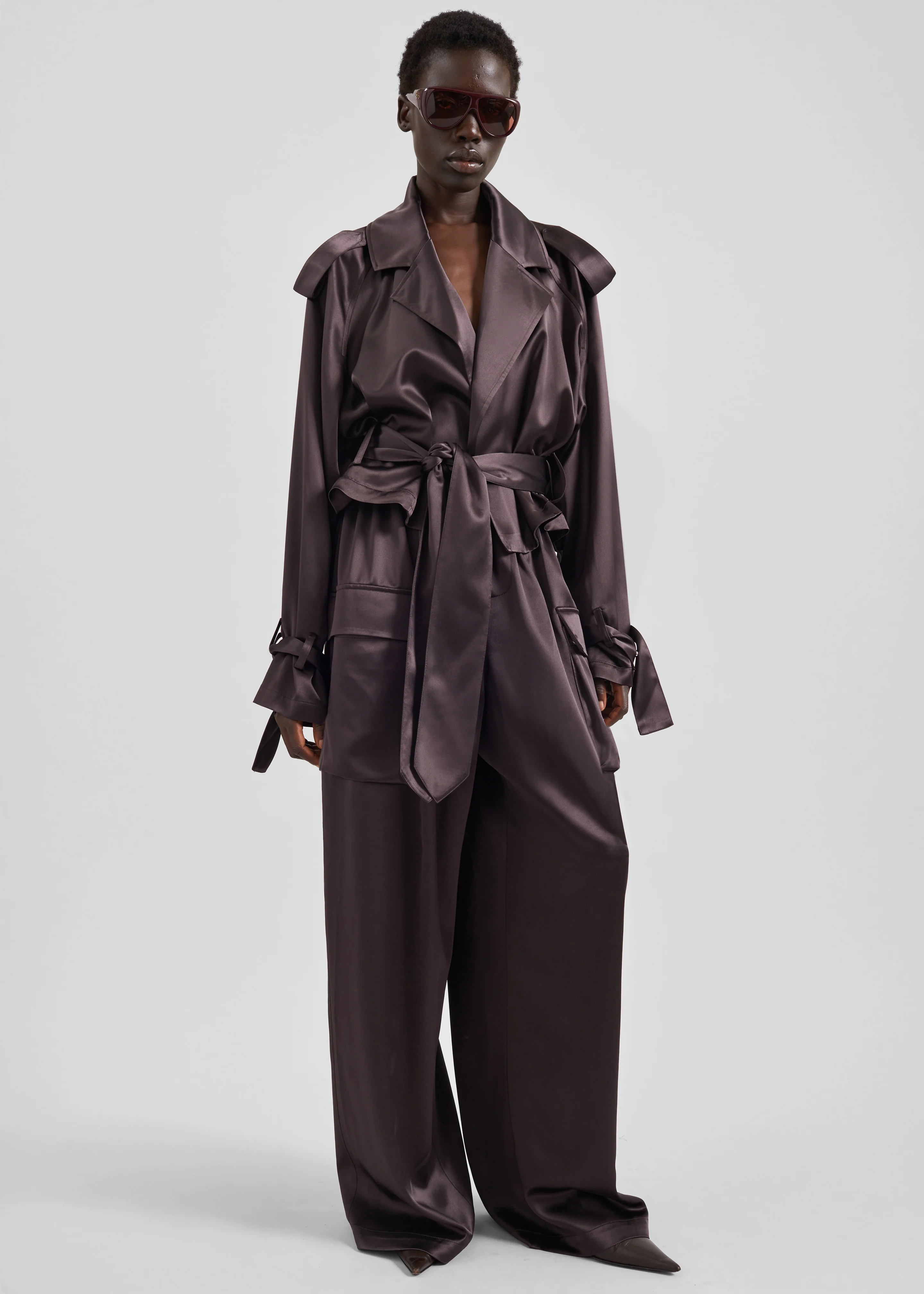 Simona Satin Short Trench - Dark Brown - Image 6