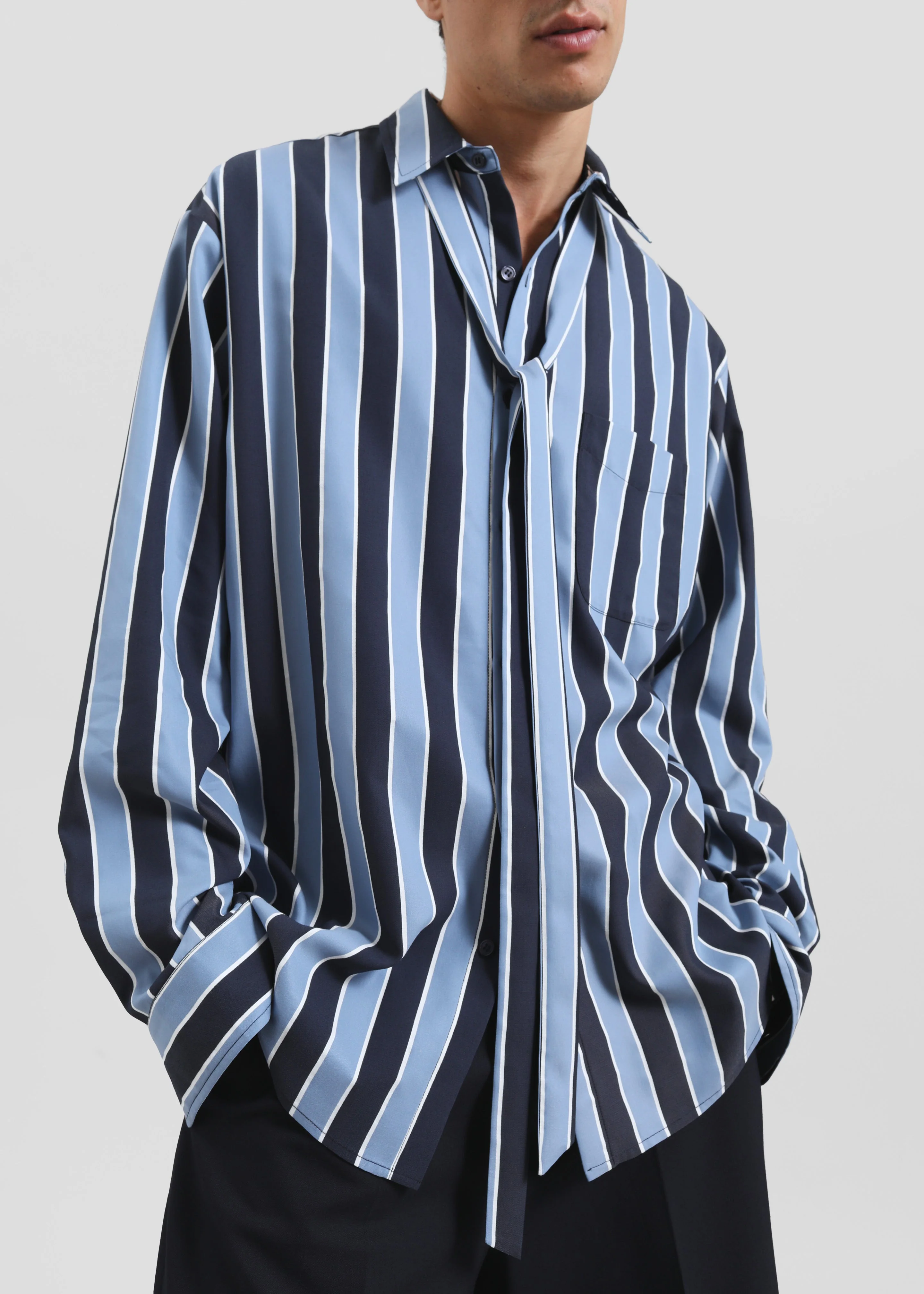 Sinclair Neck Tie Shirt - Navy Stripe - Image 2