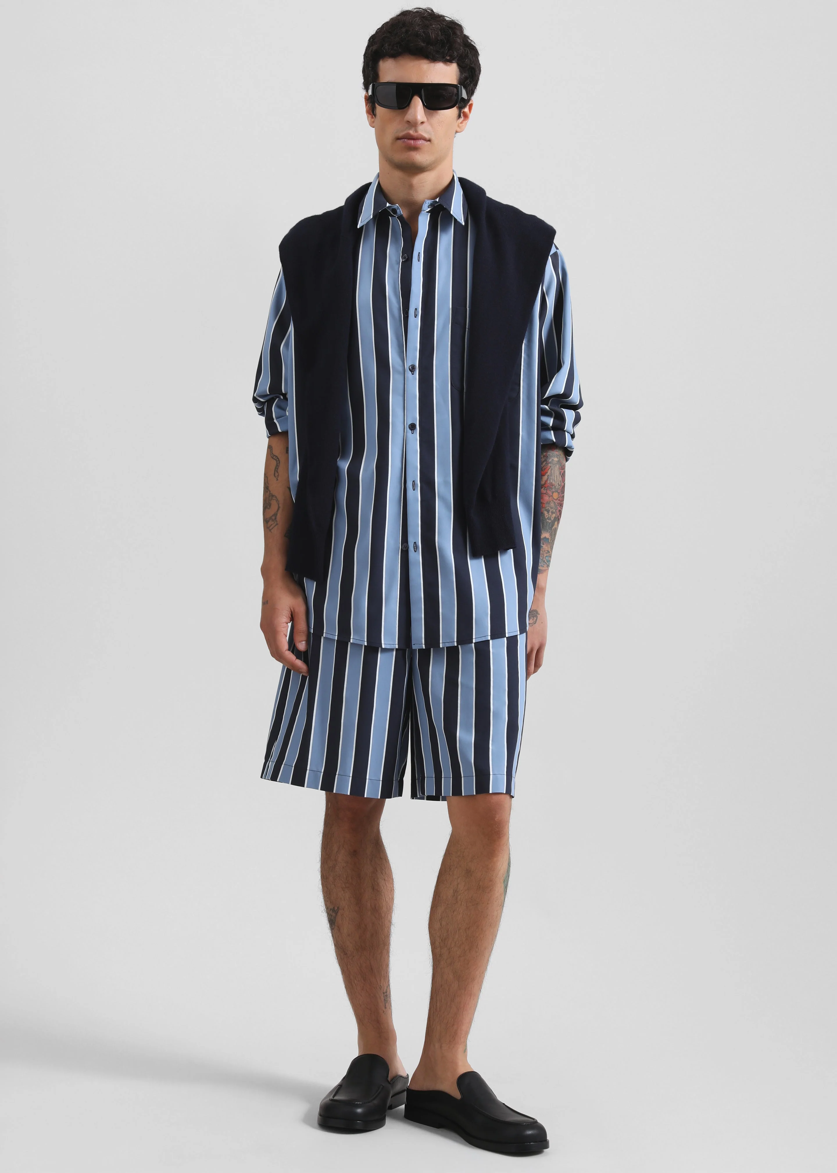Sinclair Neck Tie Shirt - Navy Stripe - Image 7