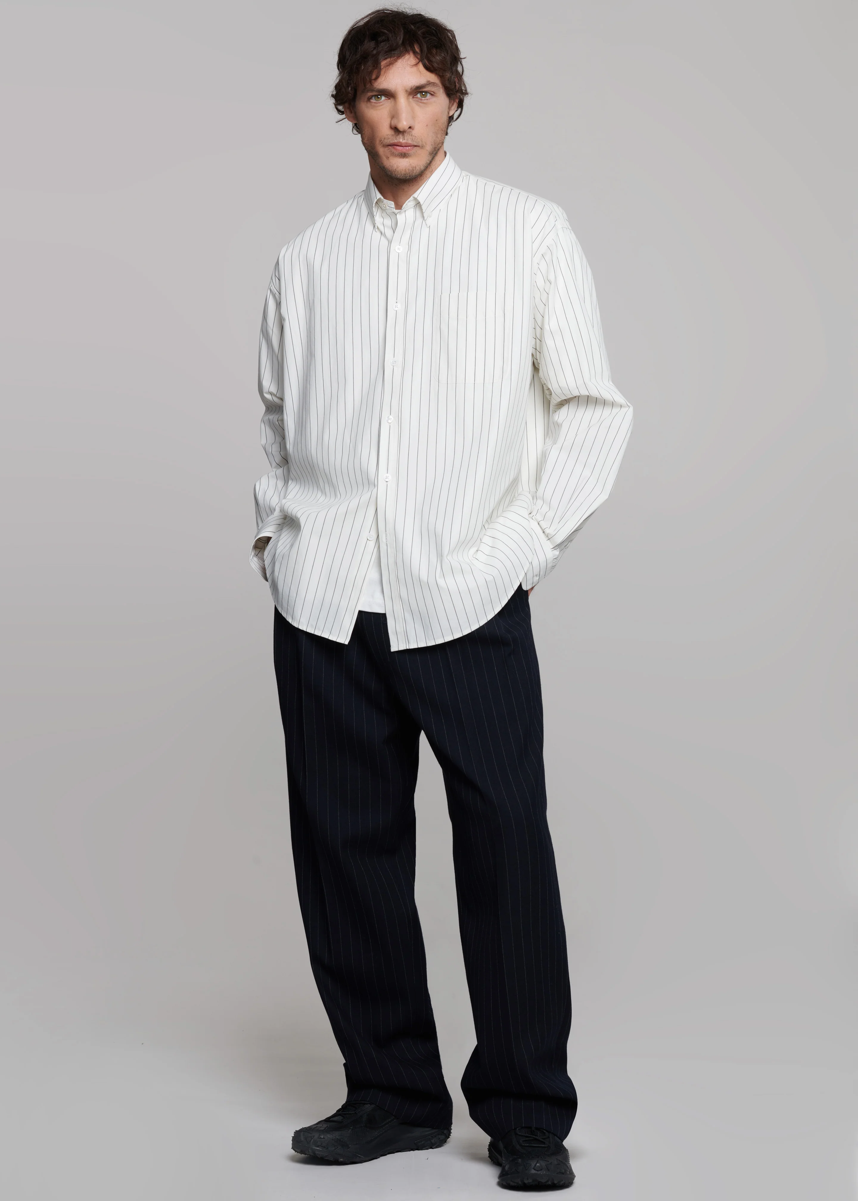 Sinclair Poplin Shirt - White/Black Stripe - Image 3