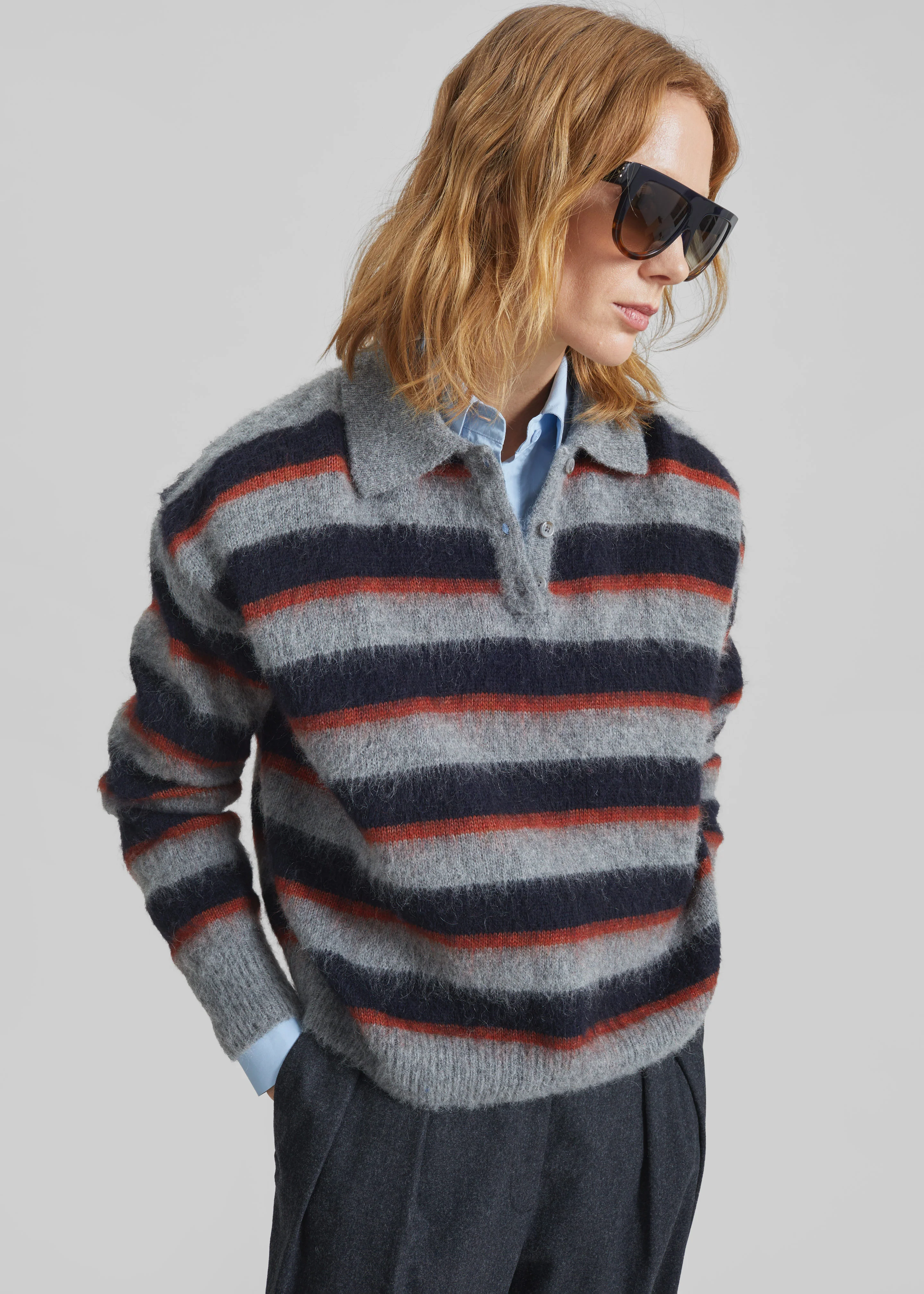 Sorlia Mohair Polo Sweater - Grey Multi Stripe - Image 5