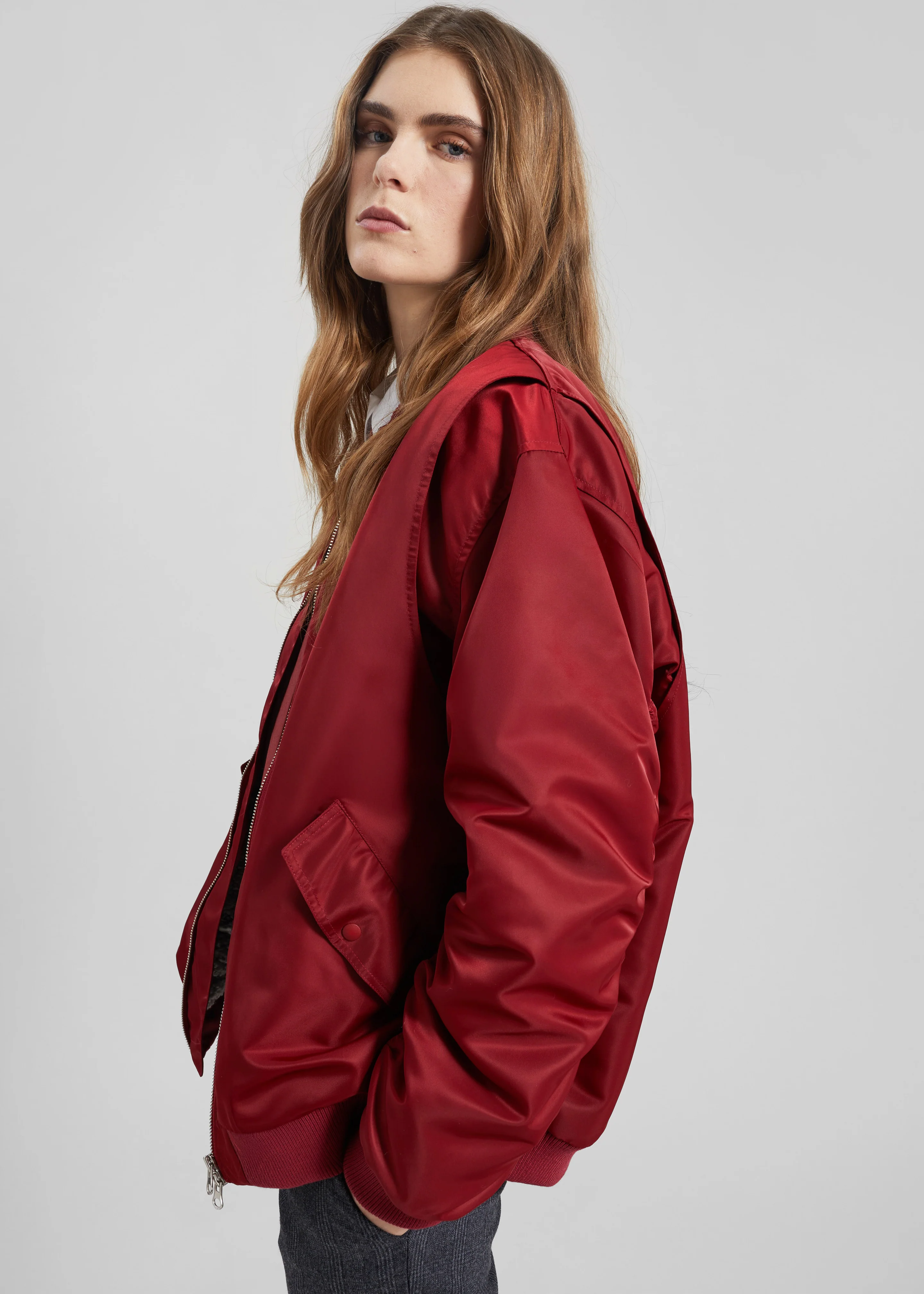 Stellan Faux Shearling Oversized Bomber Jacket - Red - Image 2
