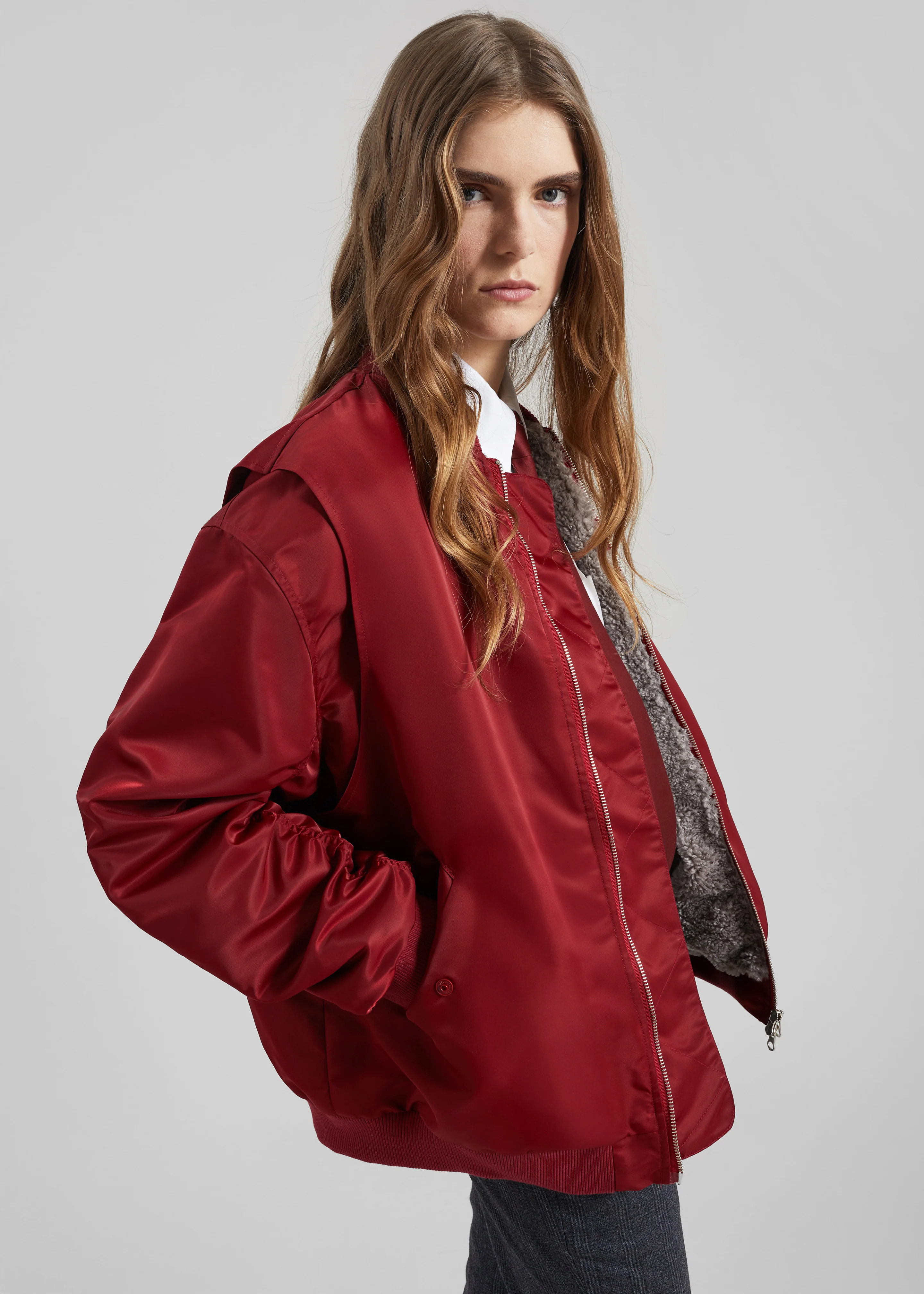 Stellan Faux Shearling Oversized Bomber Jacket - Red - Image 4