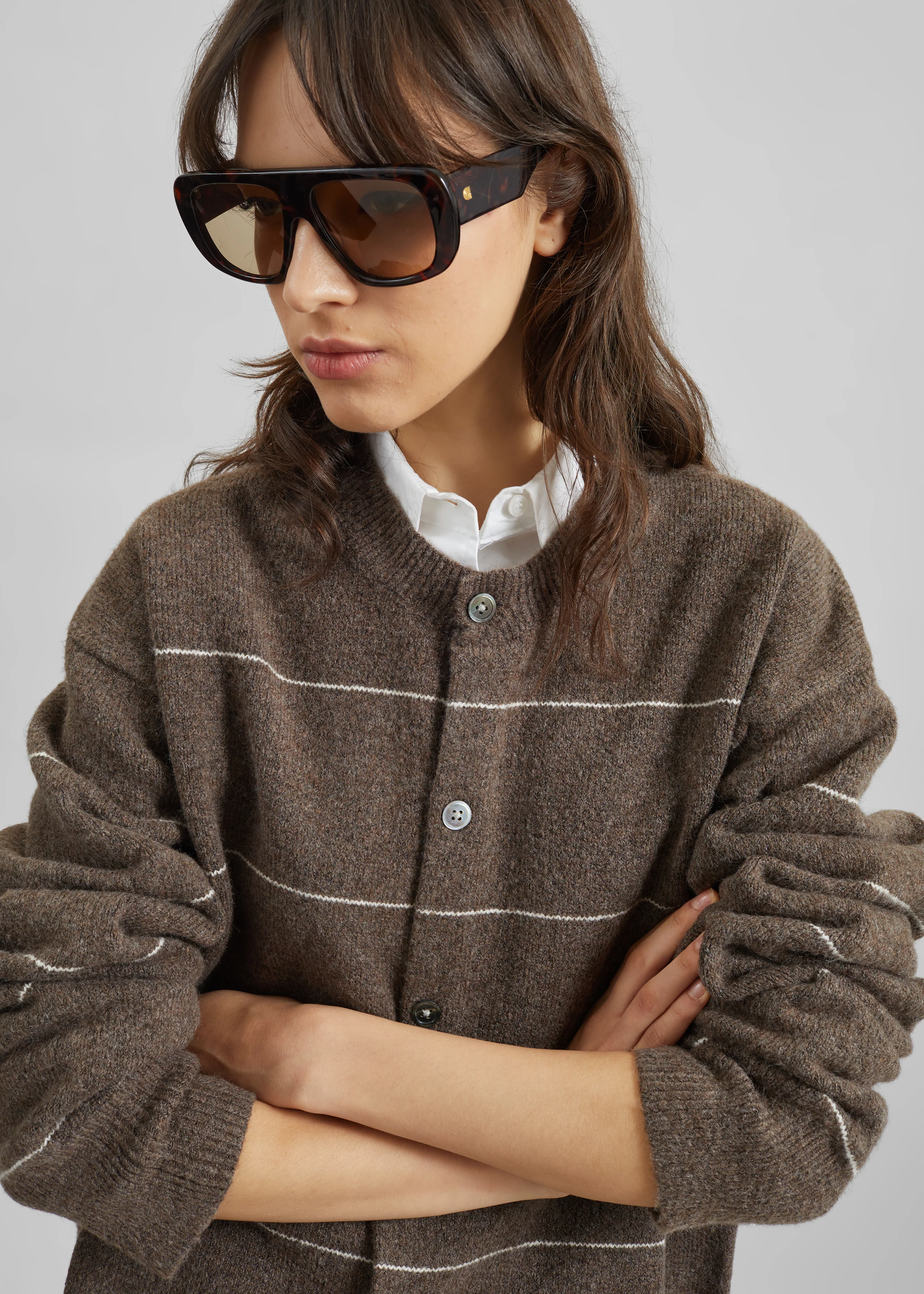 Stenvad Crewneck Cardigan - Brown/White Stripe - Image 3