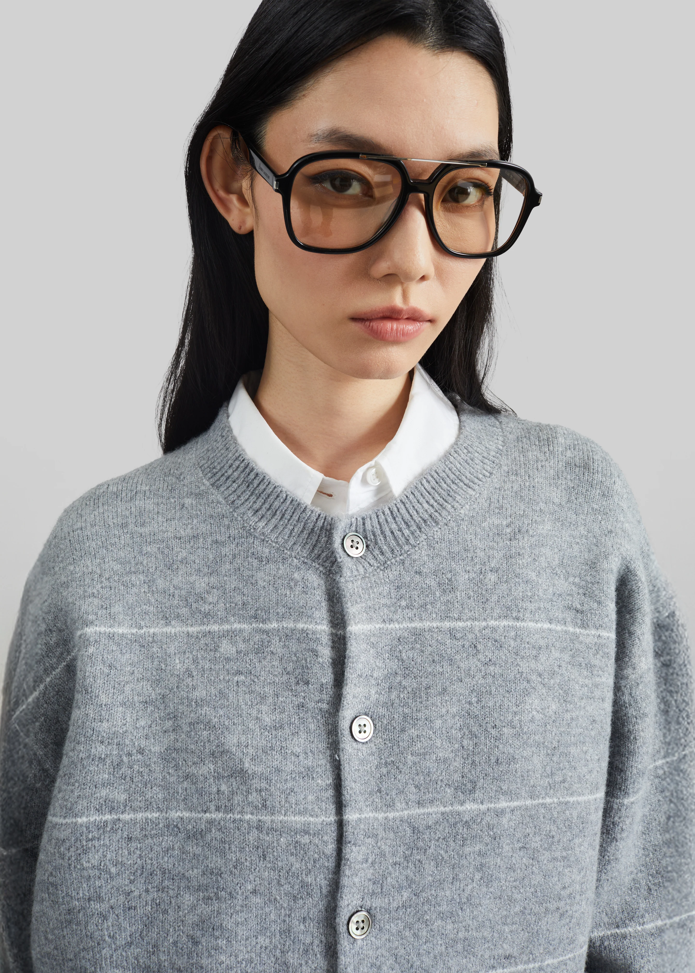 Stenvad Crewneck Cardigan - Grey/White Stripe - Image 3