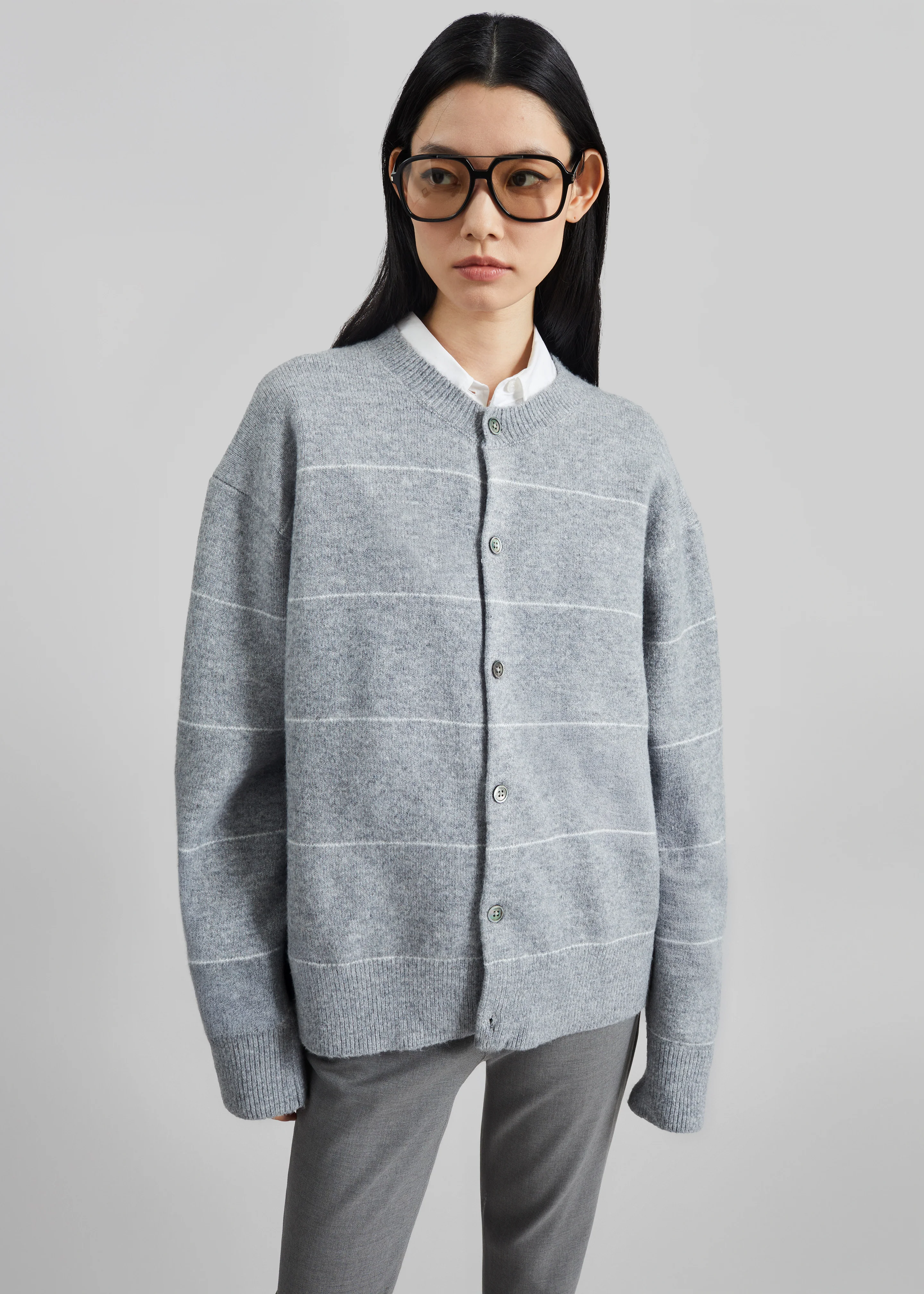 Stenvad Crewneck Cardigan - Grey/White Stripe - Image 4
