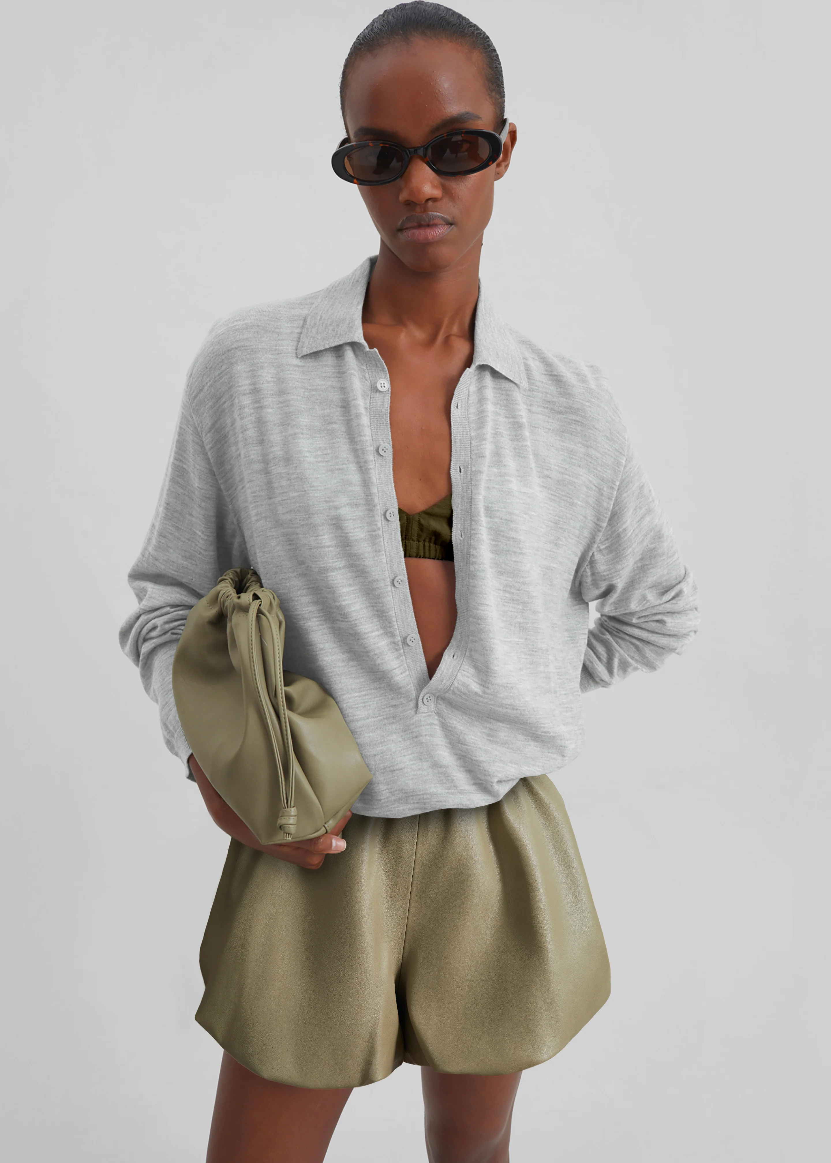 Tala Knit V-Neck Polo - Light Grey - Image 2