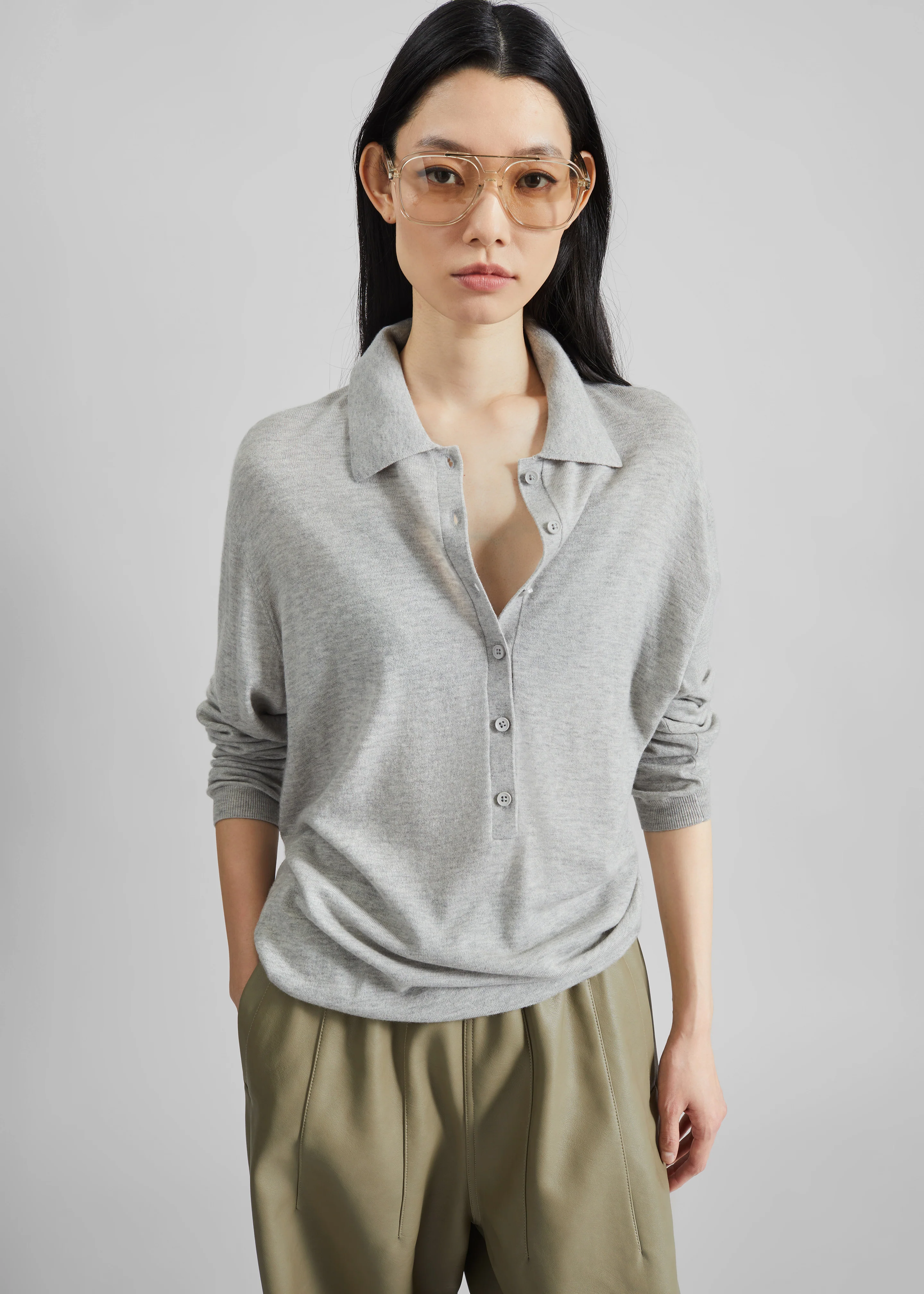 Tala Knit V-Neck Polo - Light Grey - Image 5