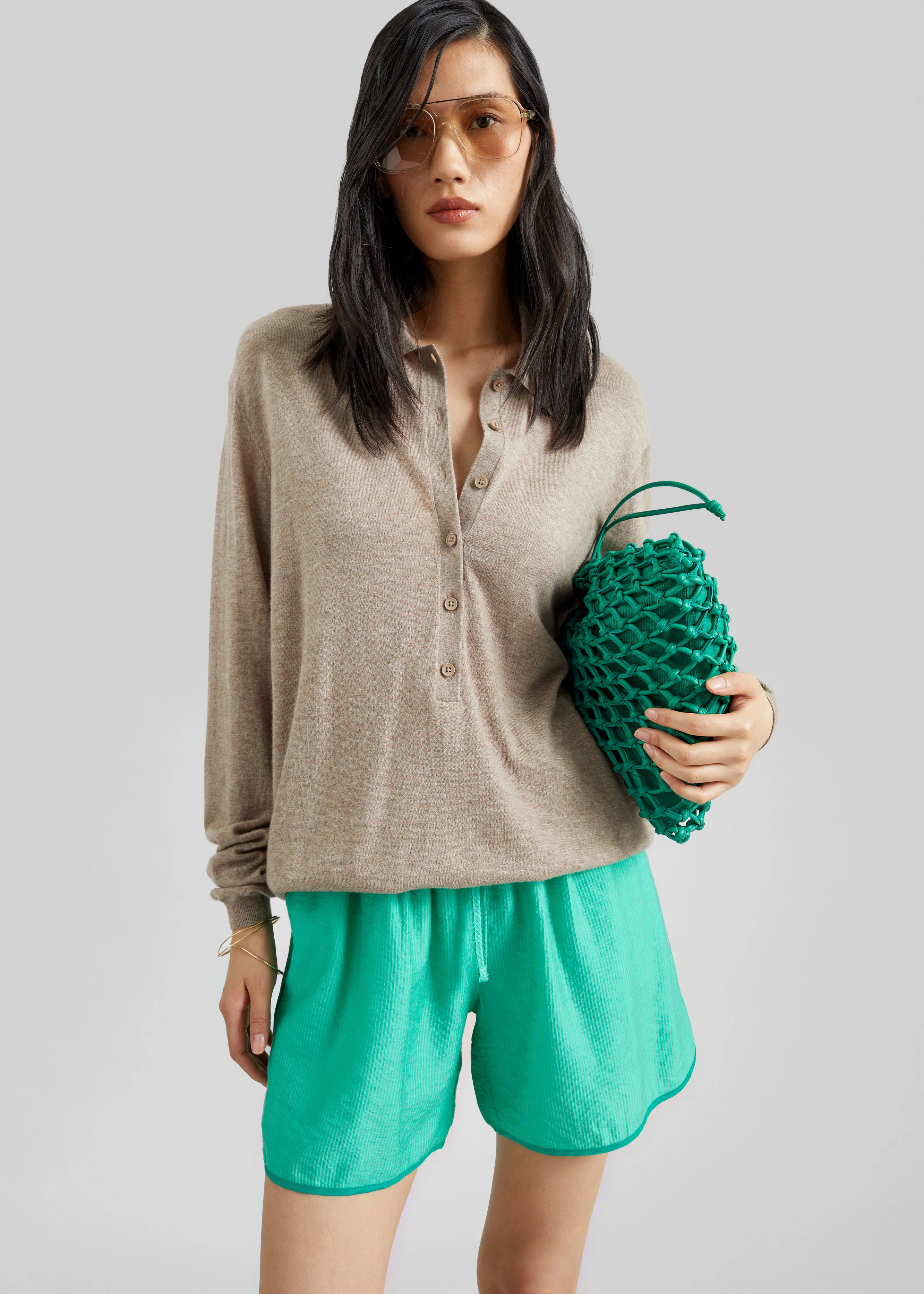 Tala Knit V-Neck Polo - Taupe Melange - Image 10