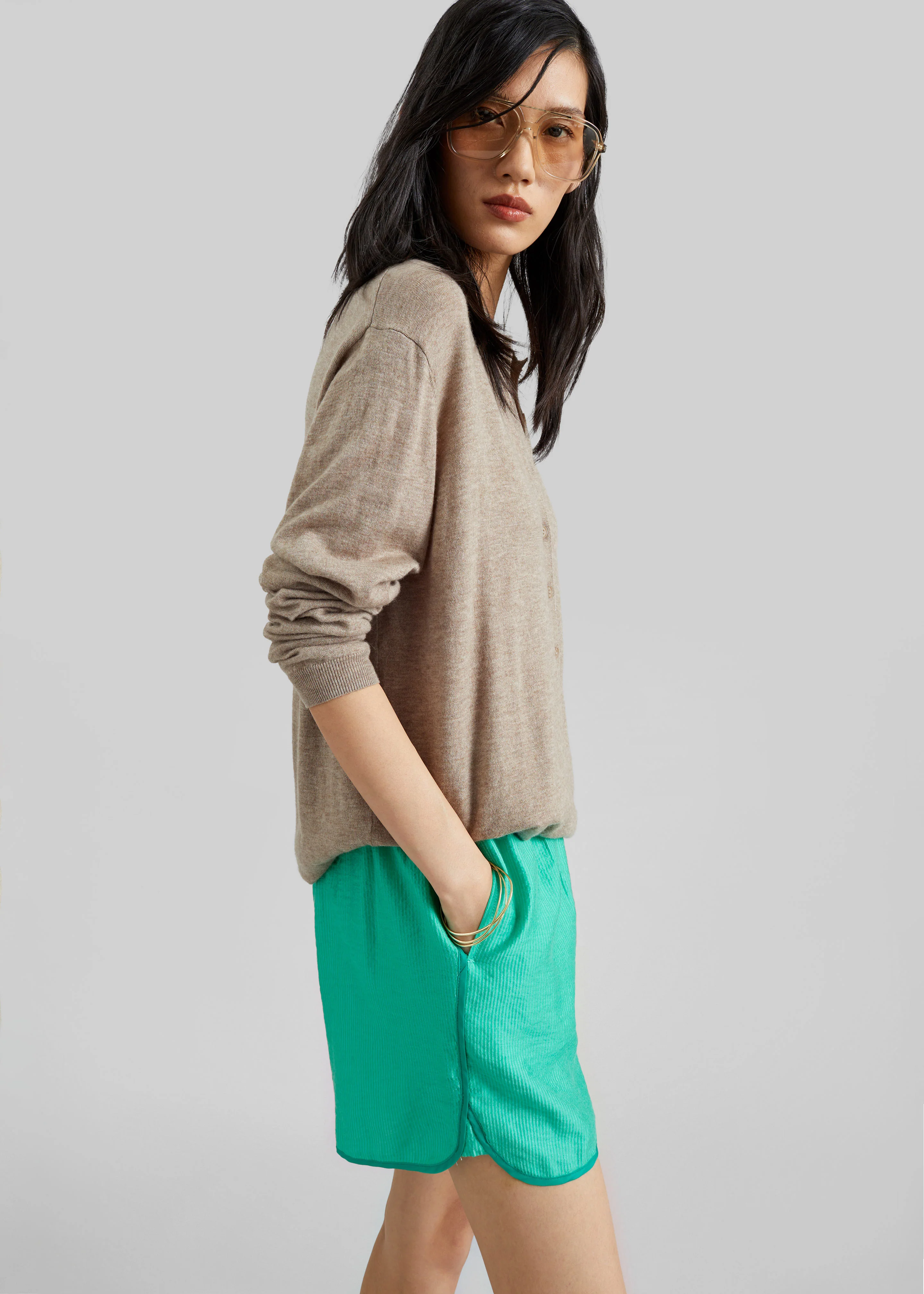 Tala Knit V-Neck Polo - Taupe Melange - Image 12