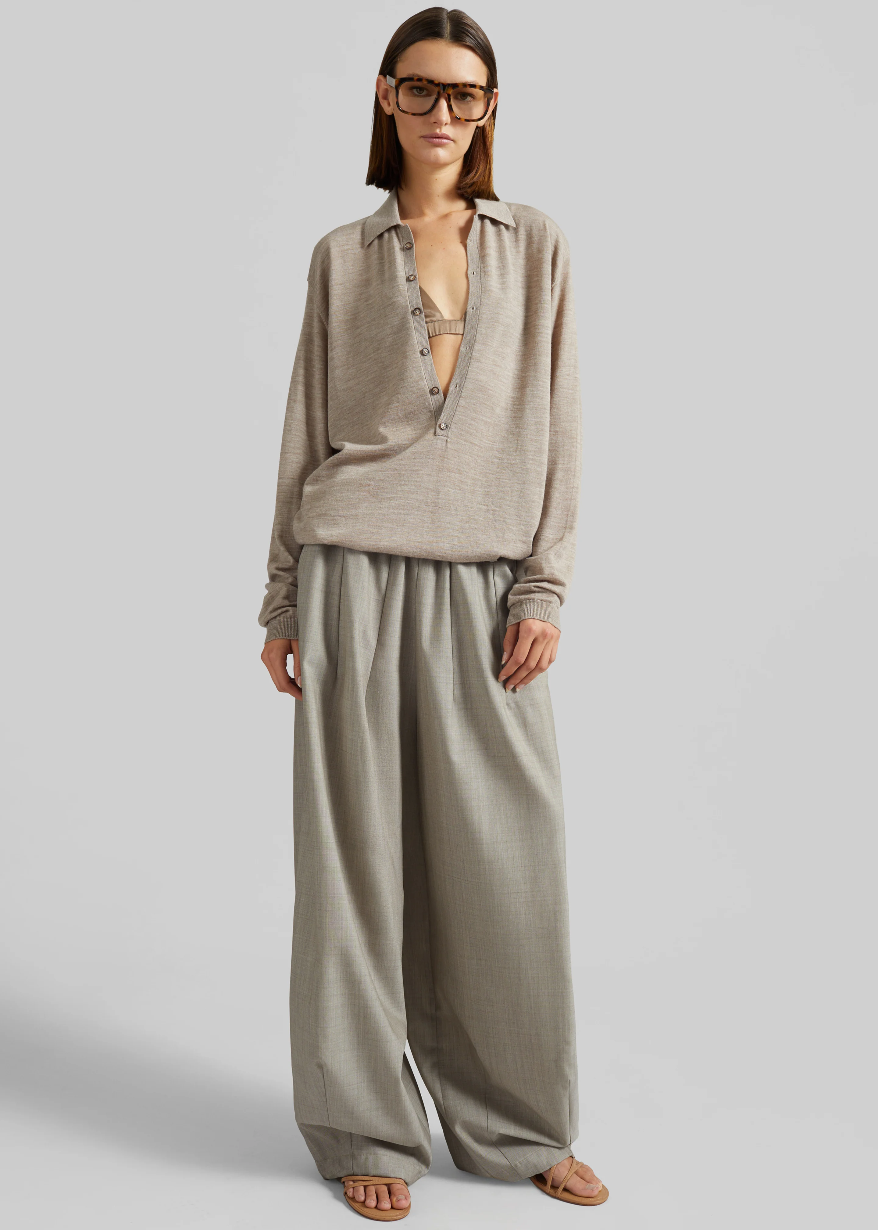 Tala Knit V-Neck Polo - Taupe Melange - Image 3