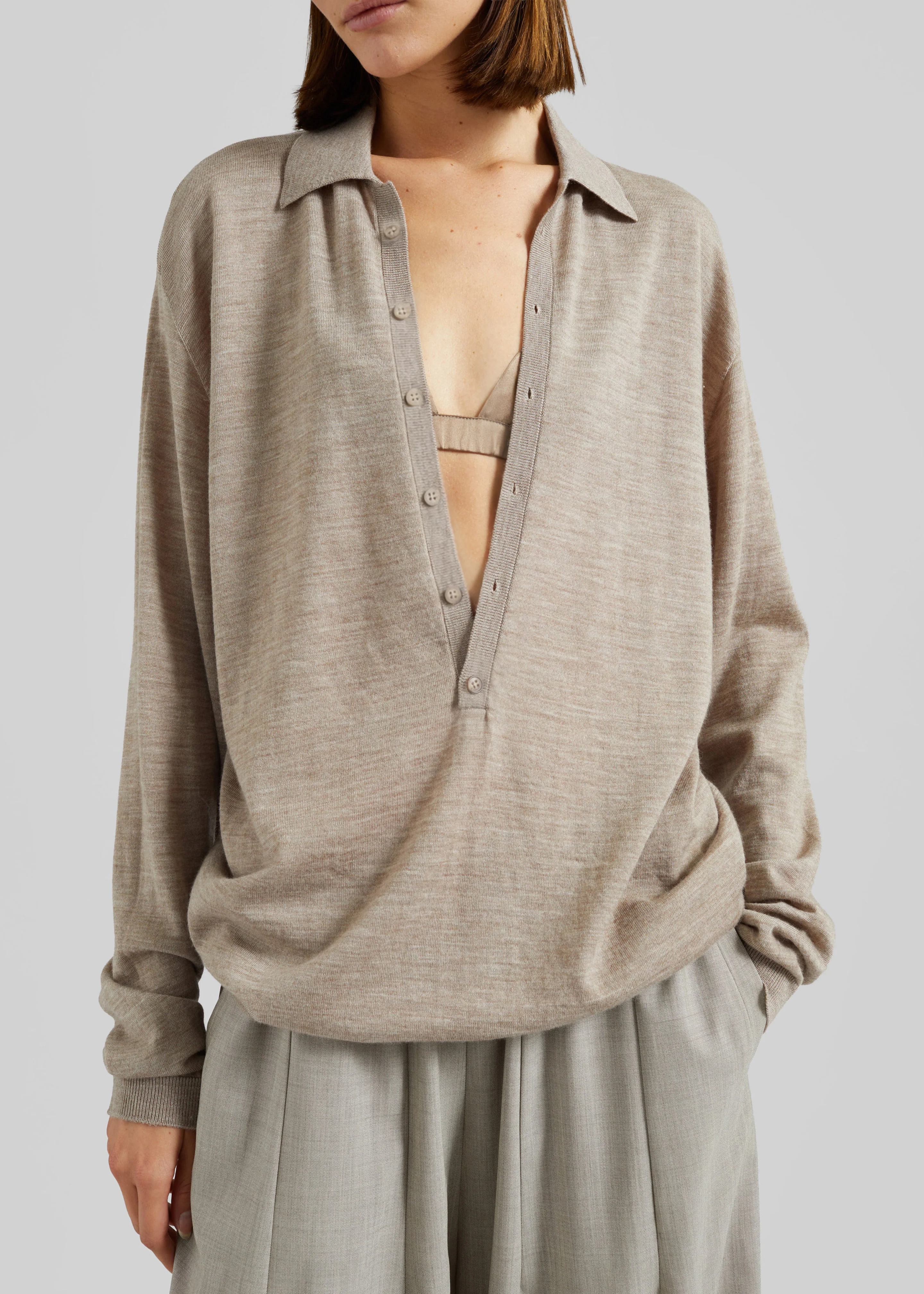 Tala Knit V-Neck Polo - Taupe Melange - Image 4