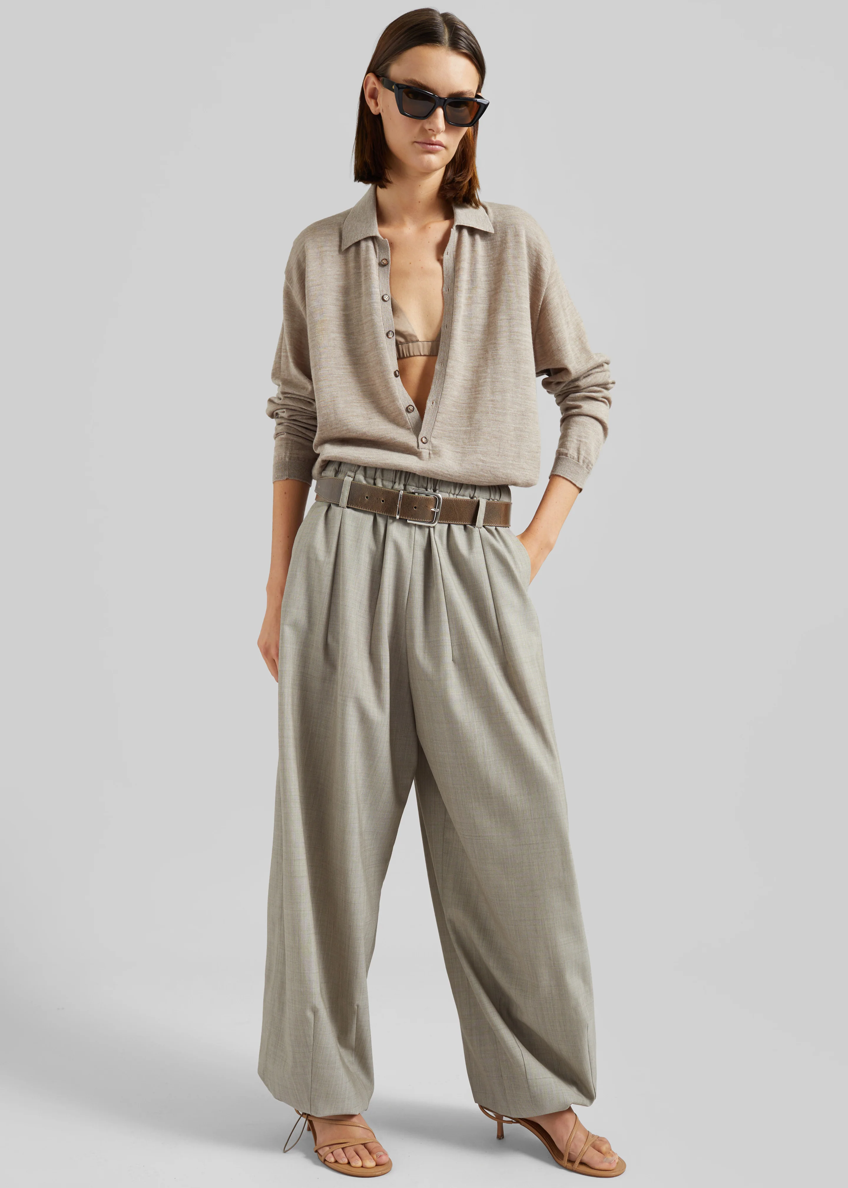 Tala Knit V-Neck Polo - Taupe Melange - Image 5
