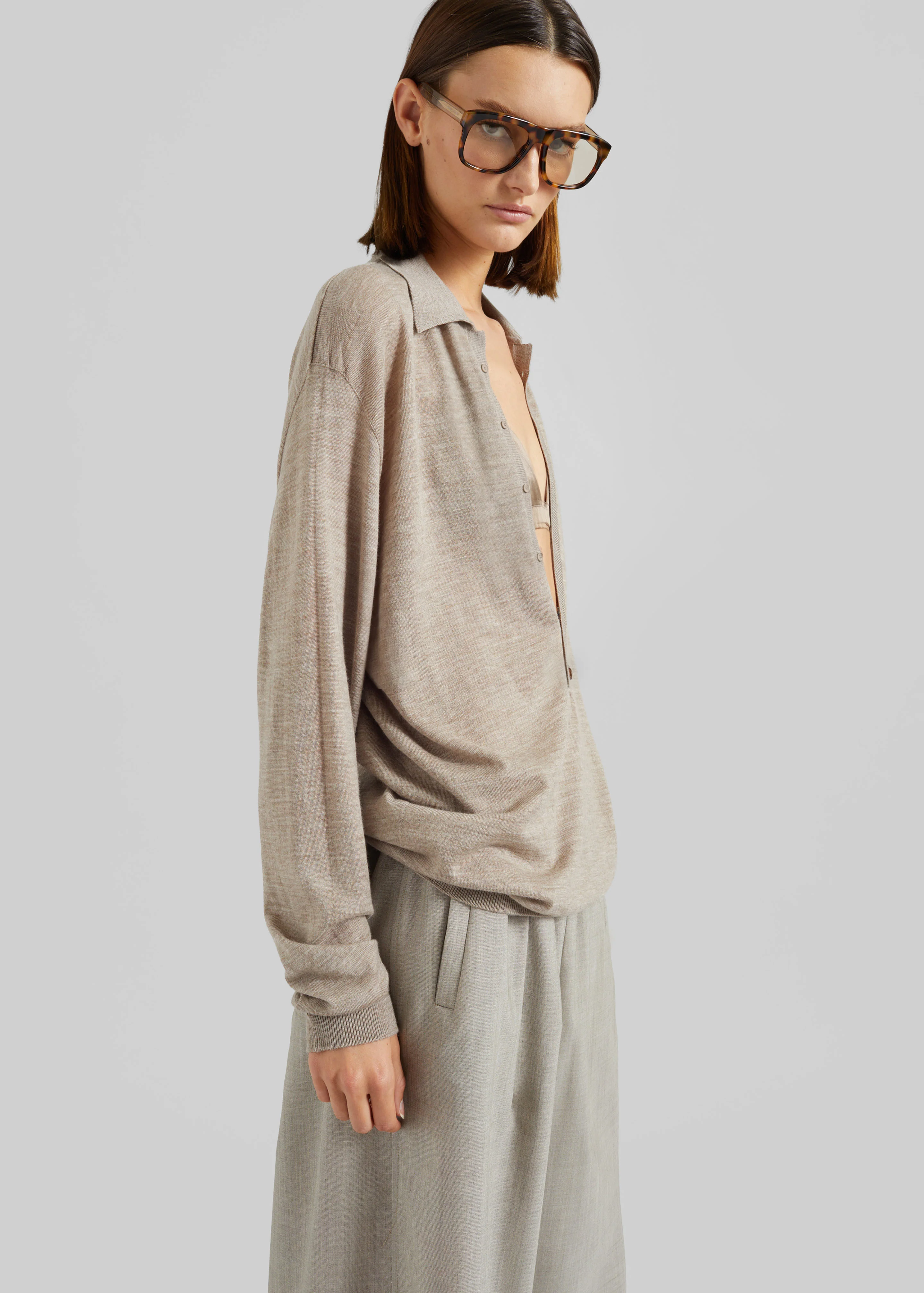 Tala Knit V-Neck Polo - Taupe Melange - Image 7