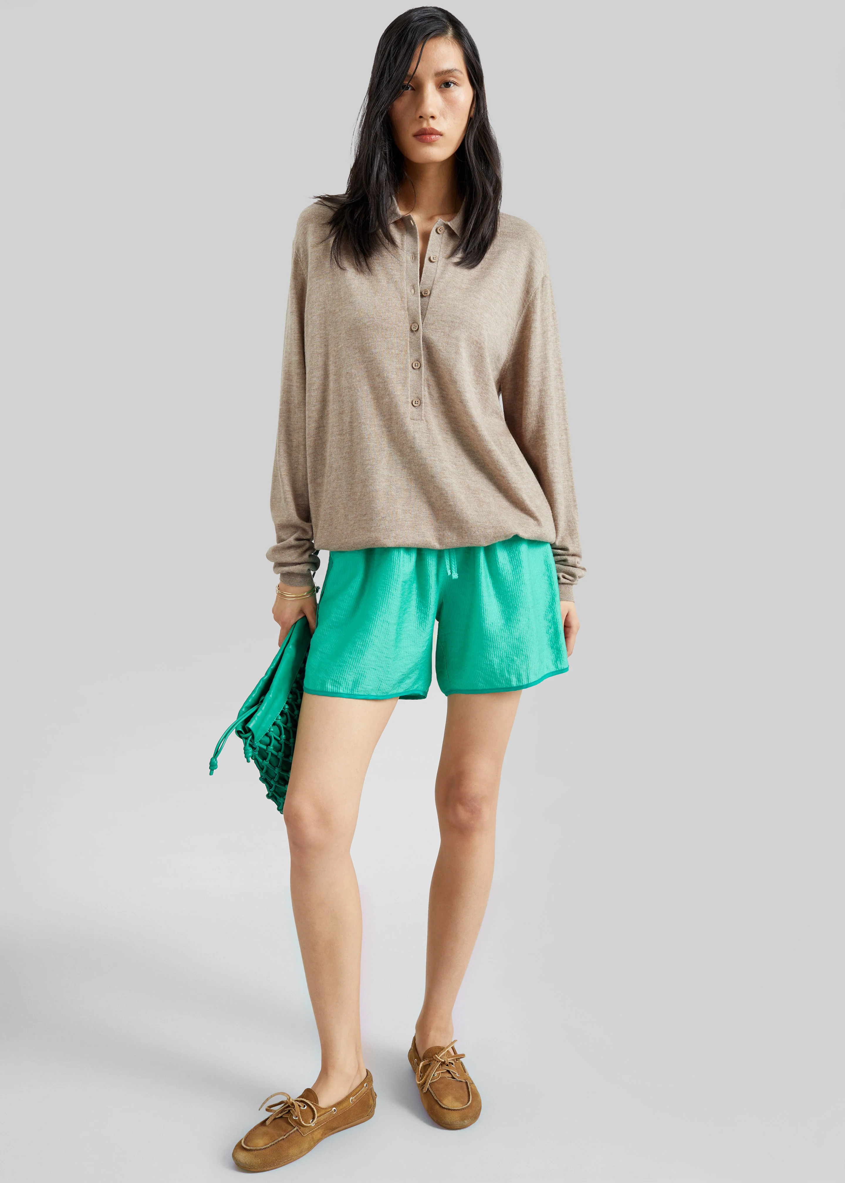 Tala Knit V-Neck Polo - Taupe Melange - Image 9