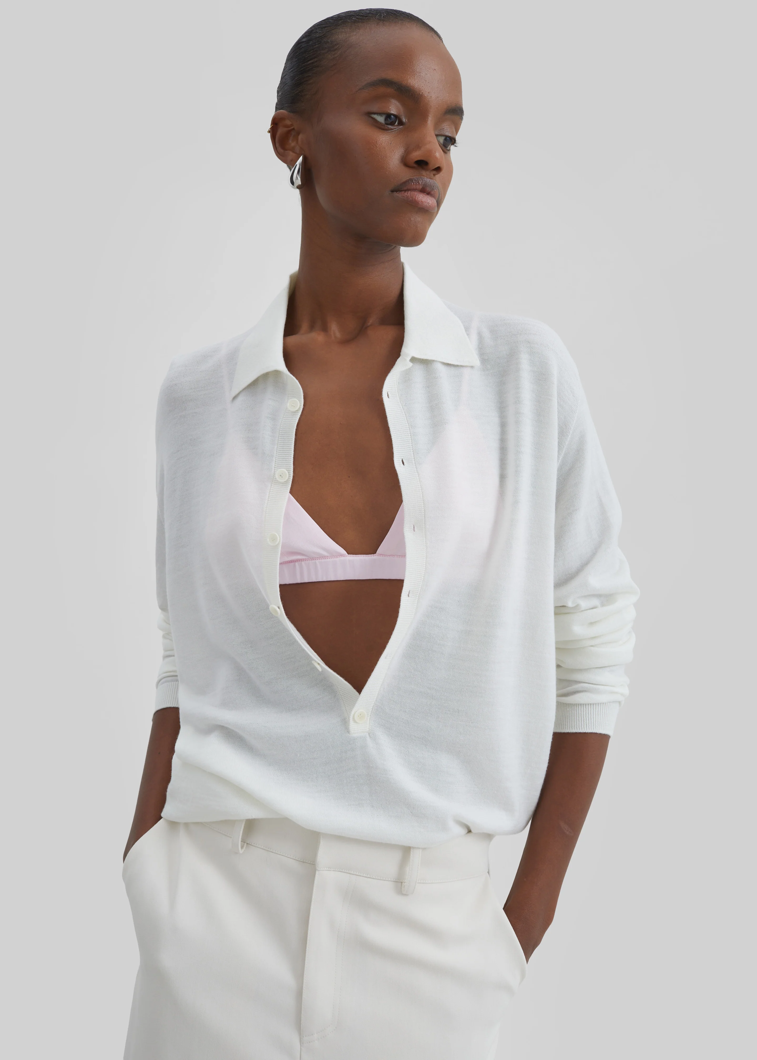 Tala Knit V-Neck Polo - White - Image 4