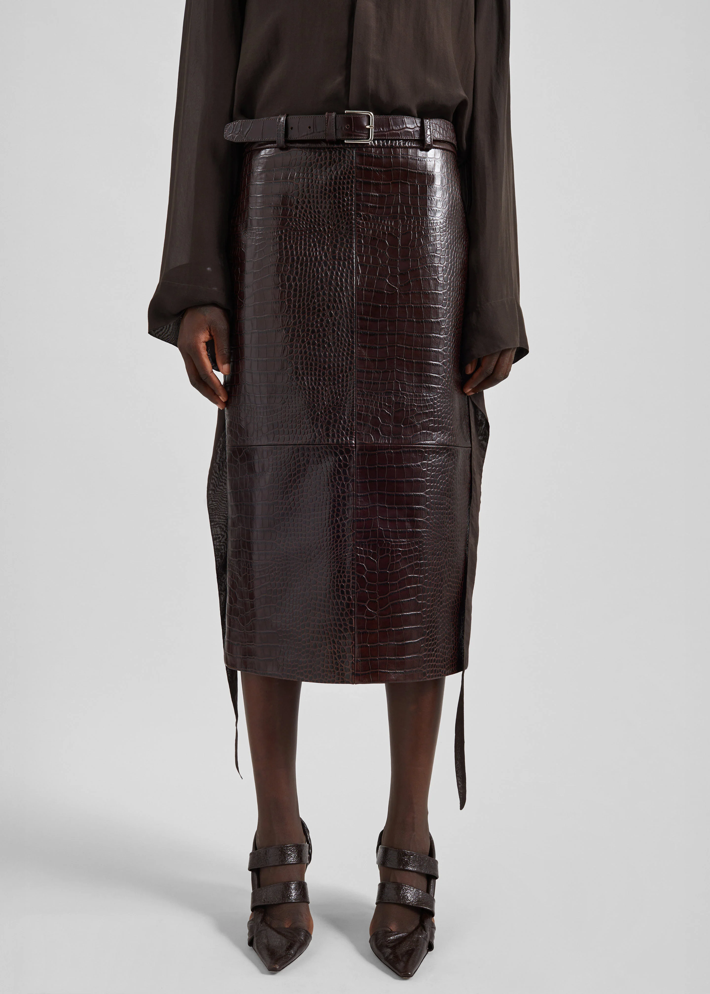 Taney Croc Leather Pencil Skirt - Dark Brown - Image 2