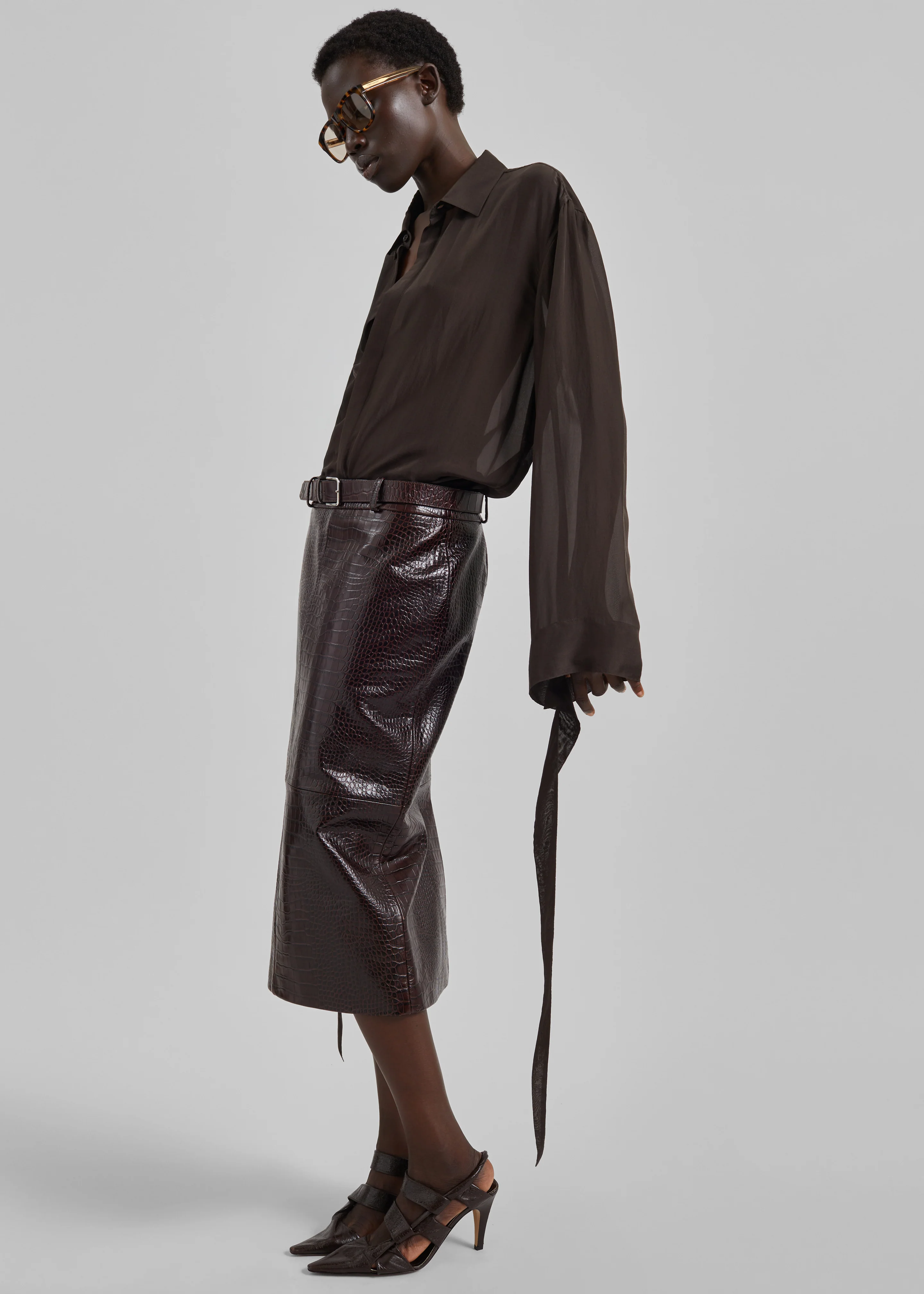 Taney Croc Leather Pencil Skirt - Dark Brown - Image 4
