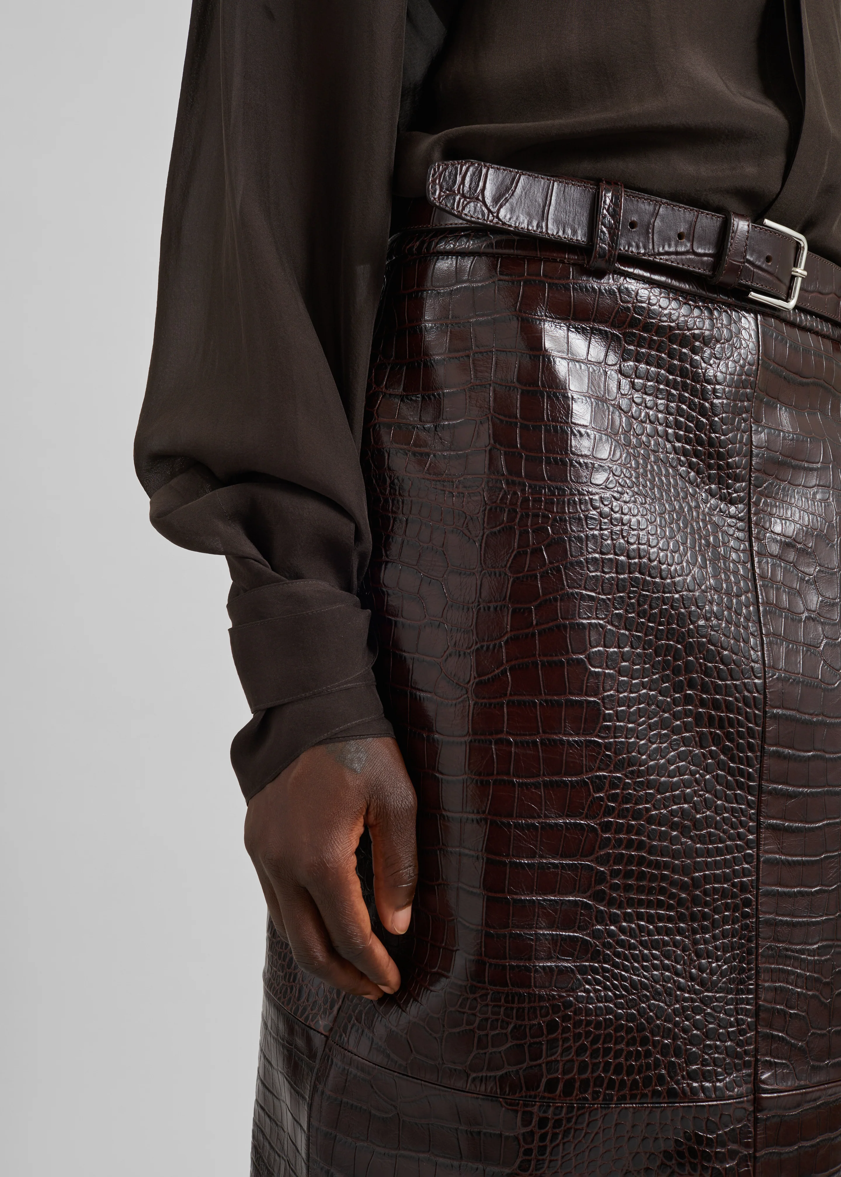 Taney Croc Leather Pencil Skirt - Dark Brown - Image 5
