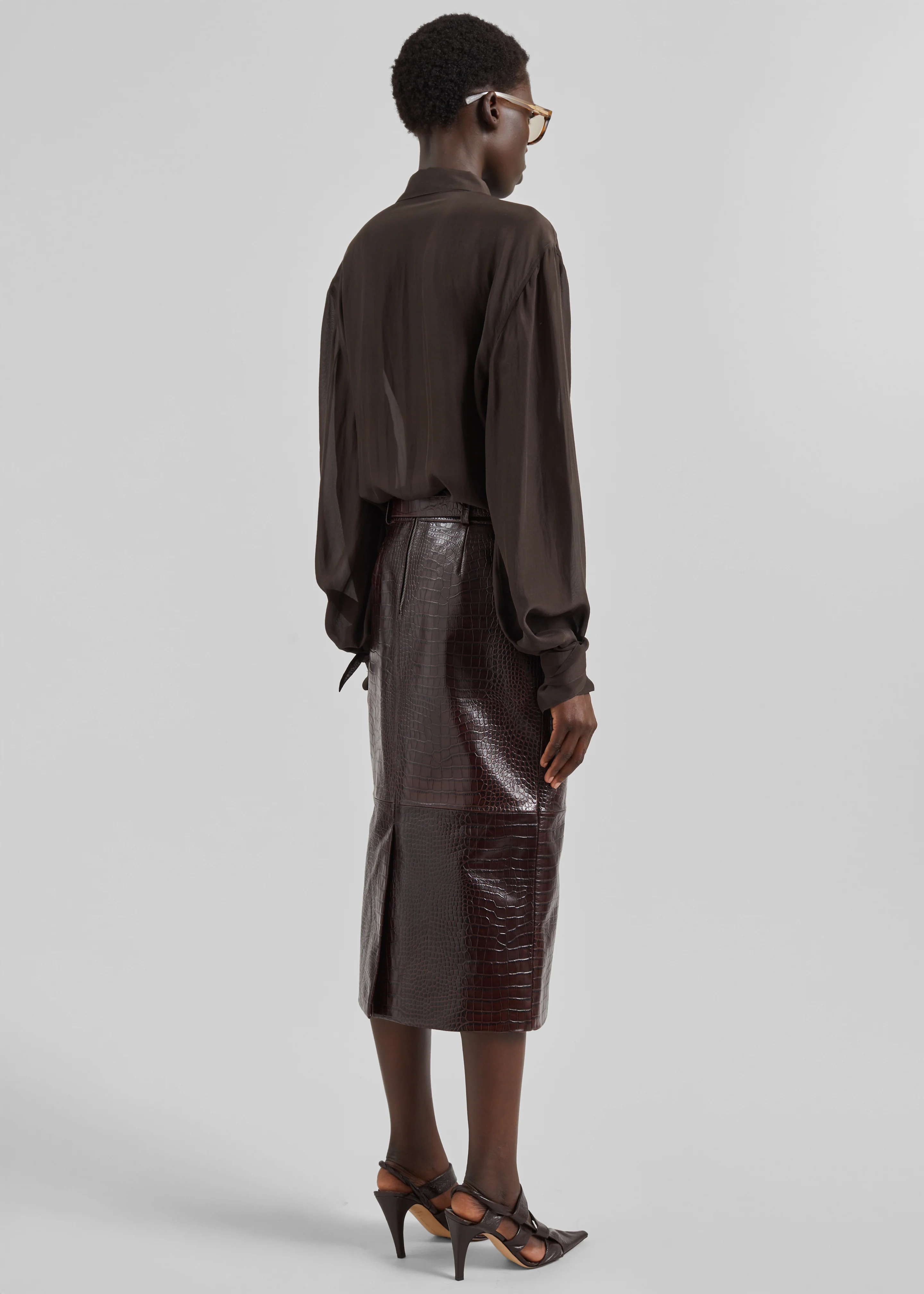 Taney Croc Leather Pencil Skirt - Dark Brown - Image 6