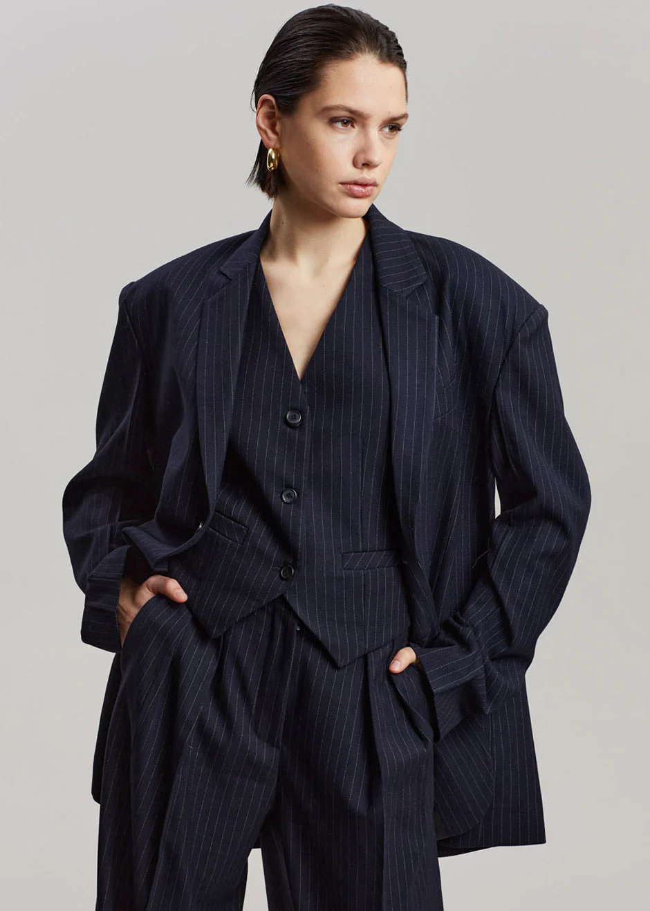 Tansy Oversized Blazer - Navy Pinstripe - Image 3
