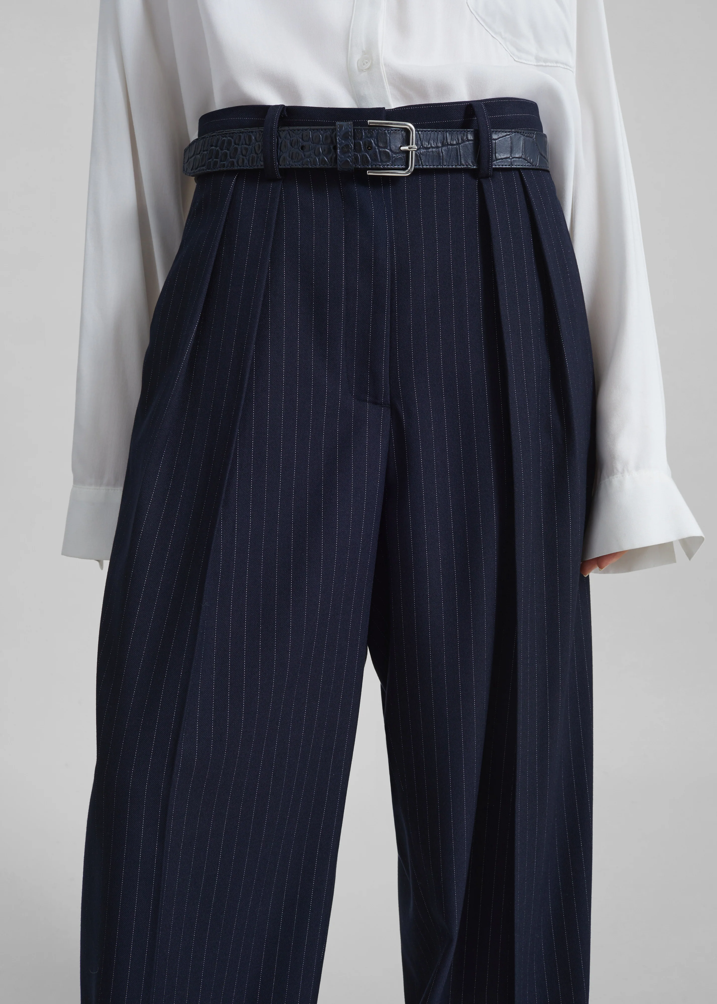 Tansy Pleated Trousers - Navy Pinstripe - Image 3