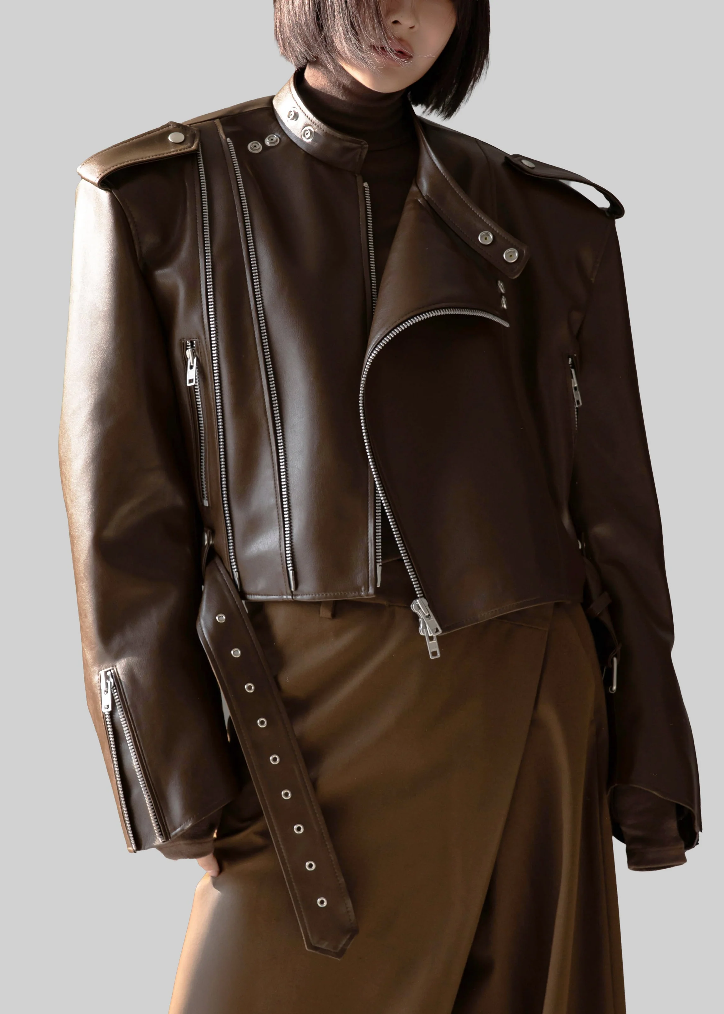 Teagan Boxy Faux Leather Jacket - Brown - Image 10