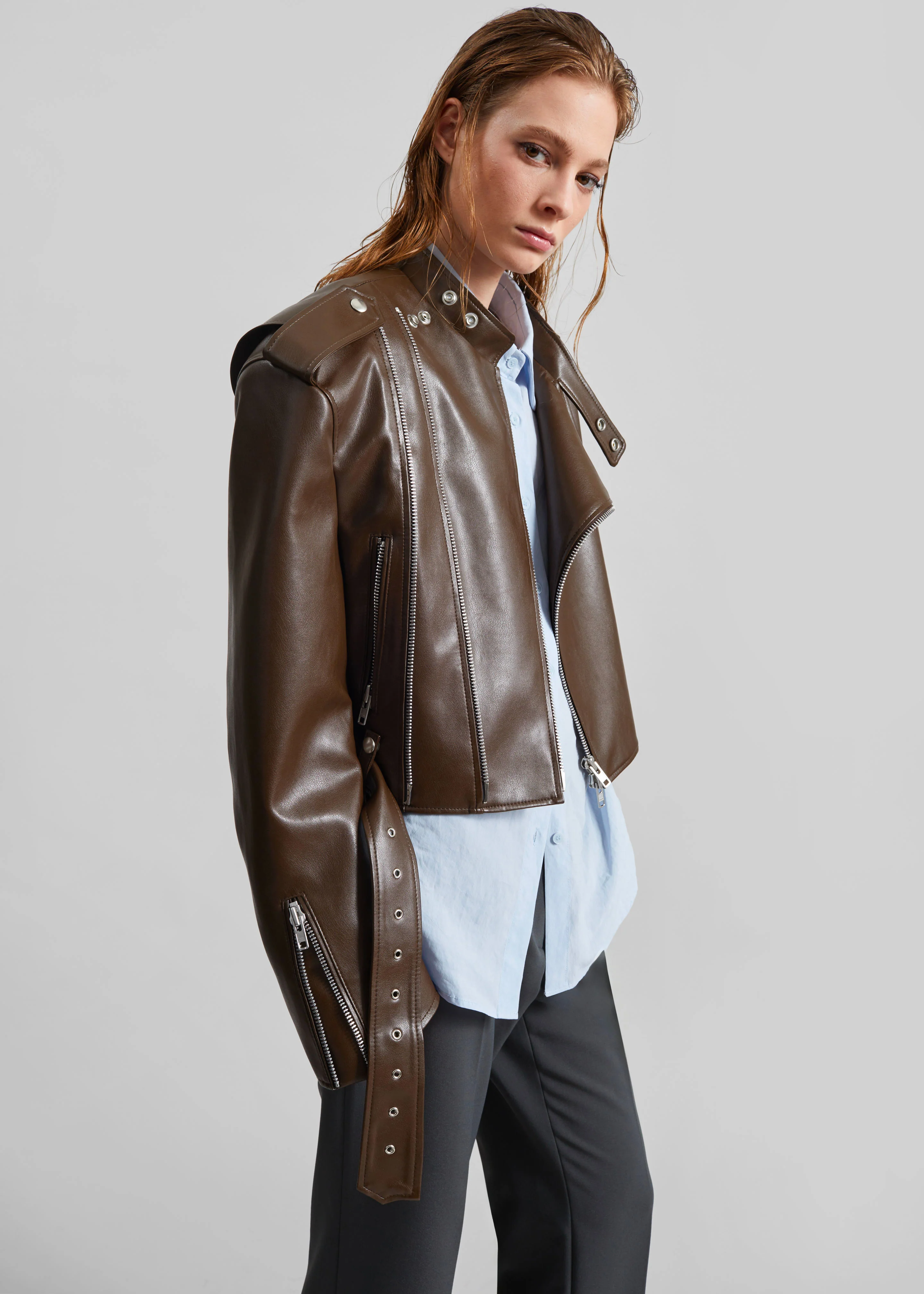 Teagan Boxy Faux Leather Jacket - Brown - Image 2