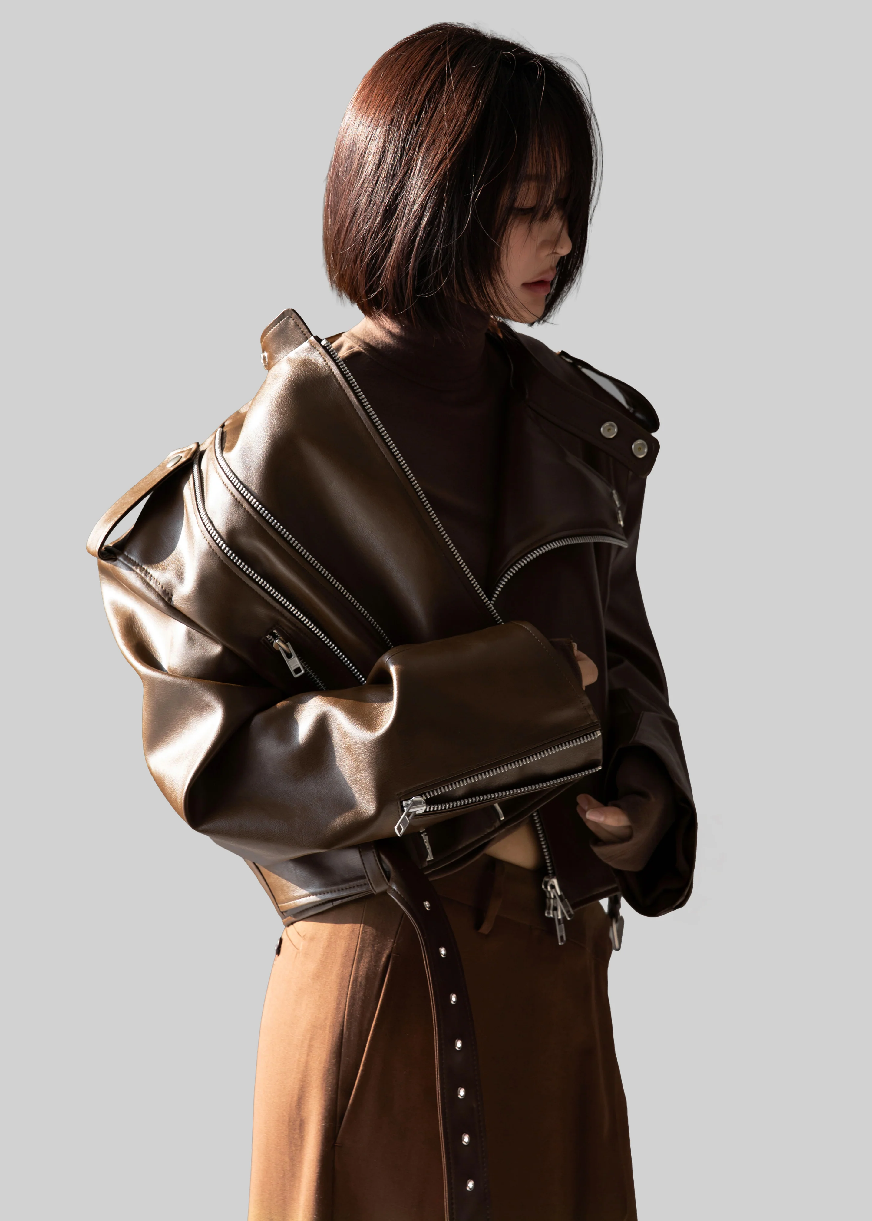 Teagan Boxy Faux Leather Jacket - Brown - Image 7