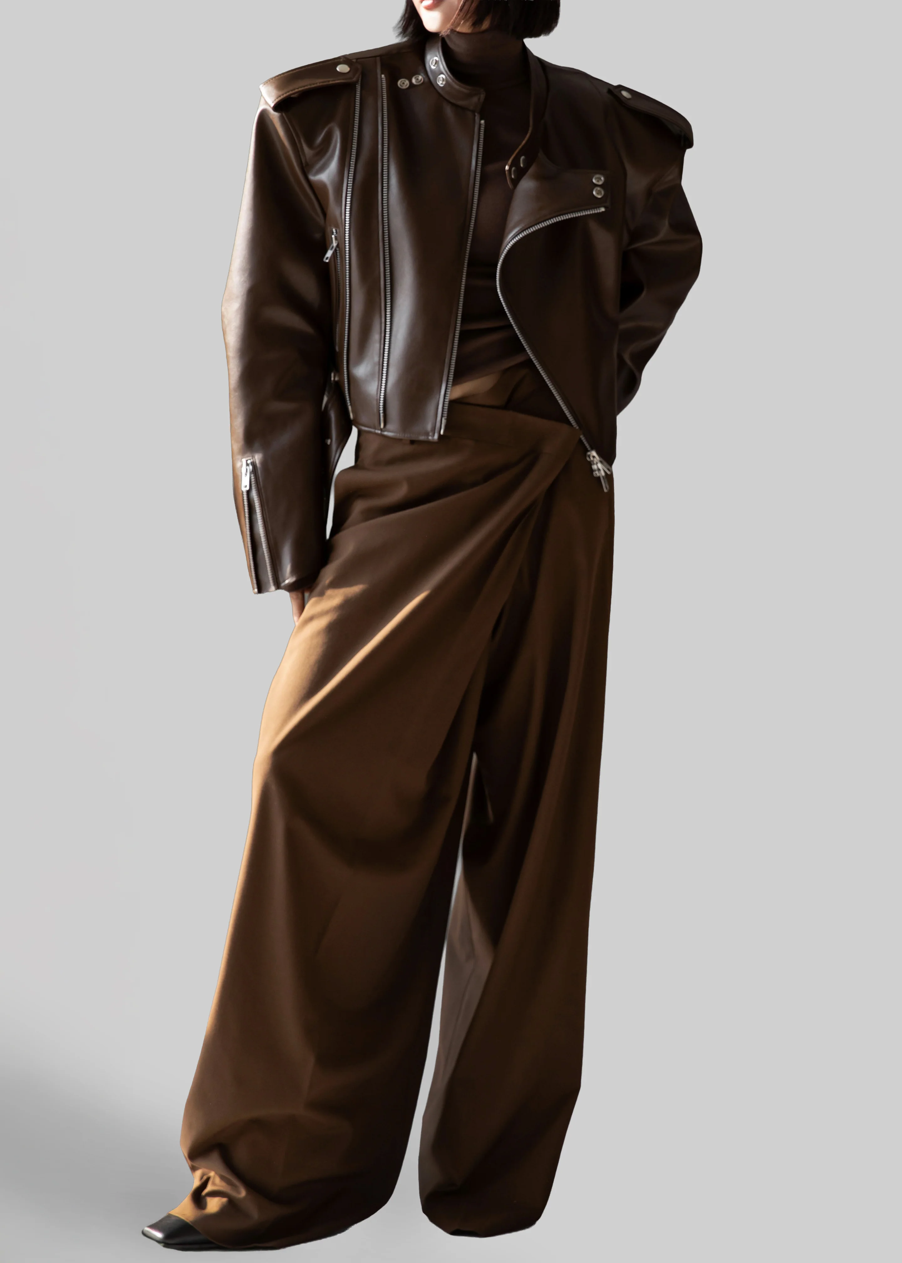 Teagan Boxy Faux Leather Jacket - Brown - Image 8