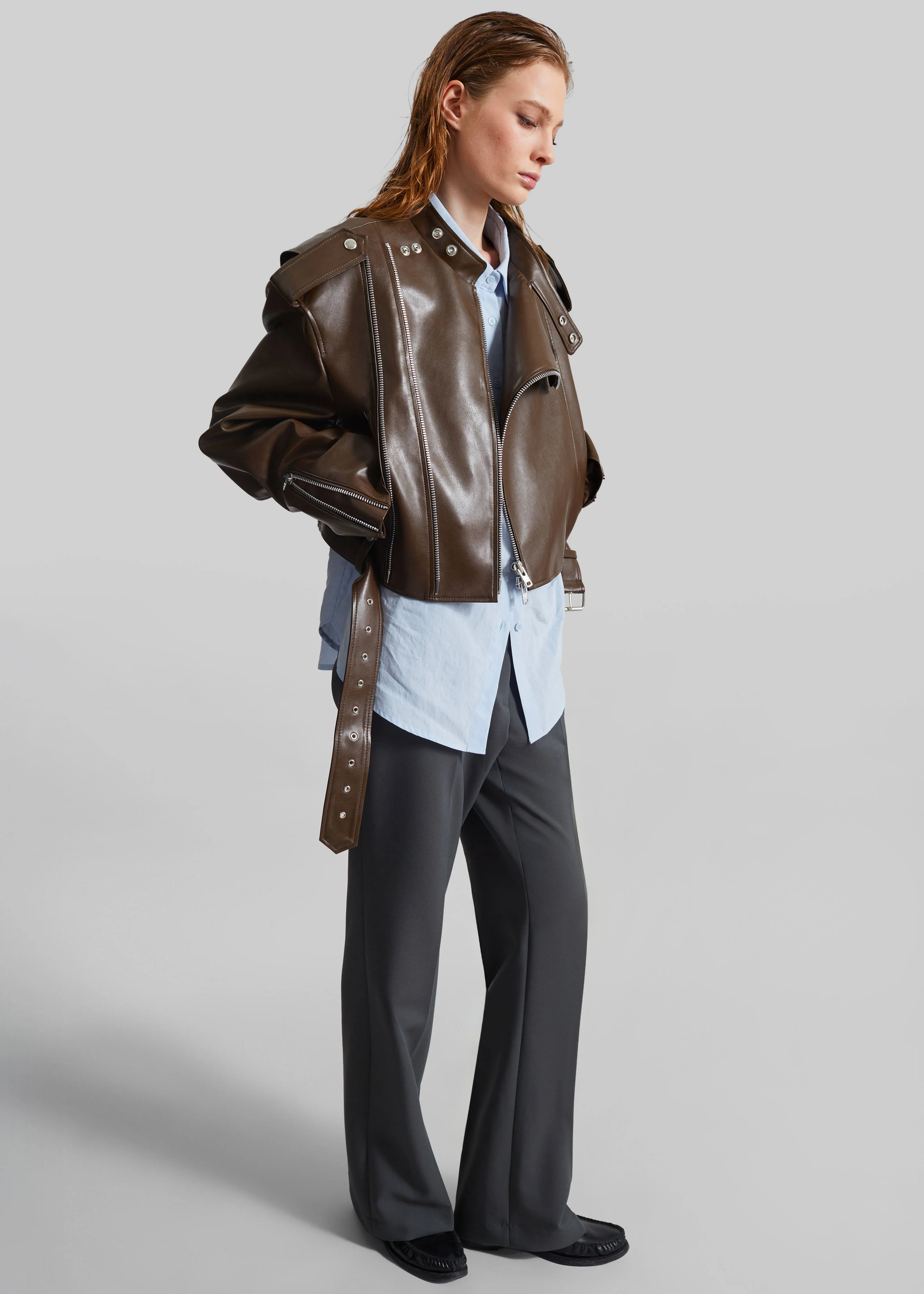 Teagan Boxy Faux Leather Jacket - Brown - Image 9