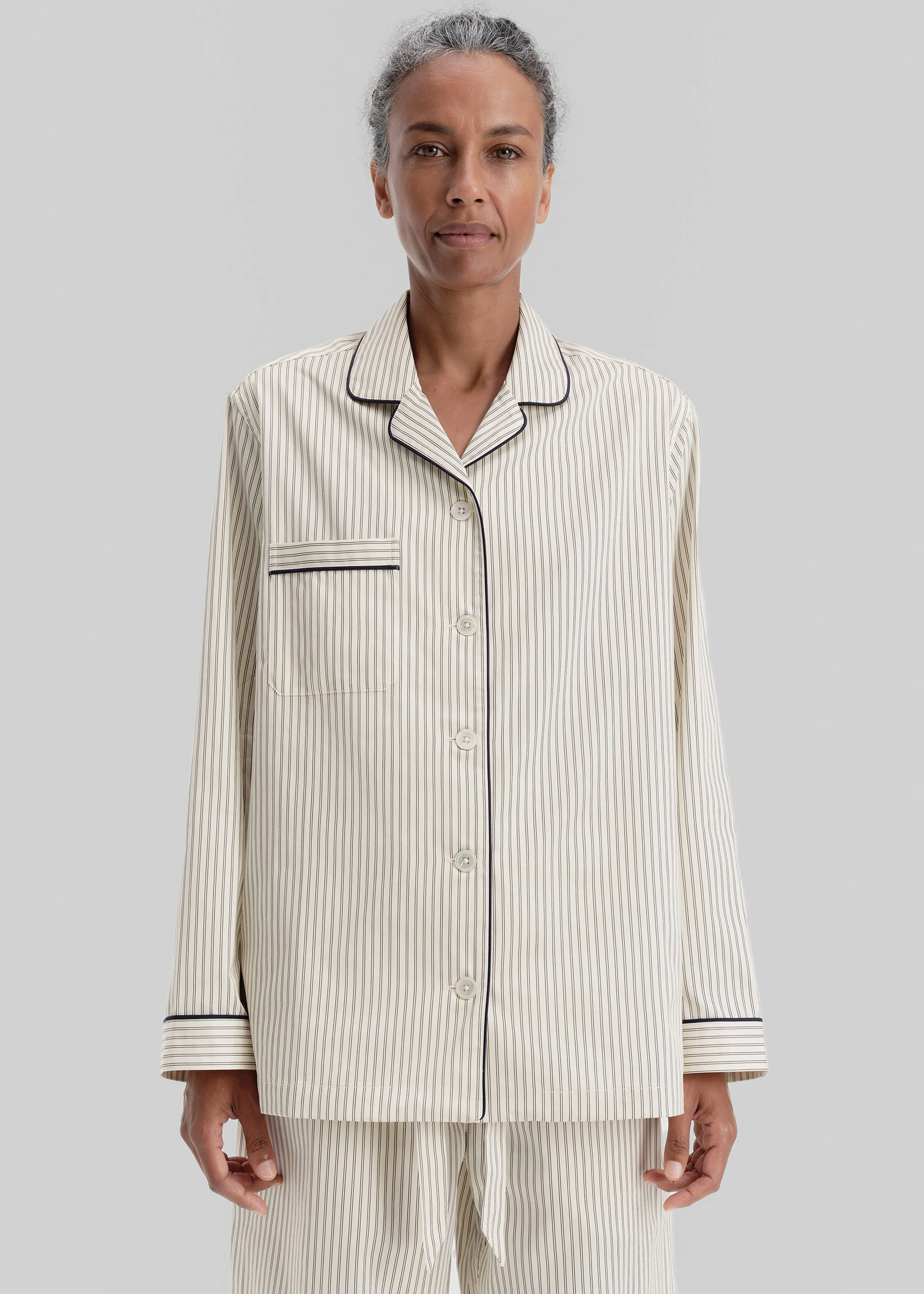 Tekla Sateen Pyjama Shirt - Brown Pinstripe - Image 2
