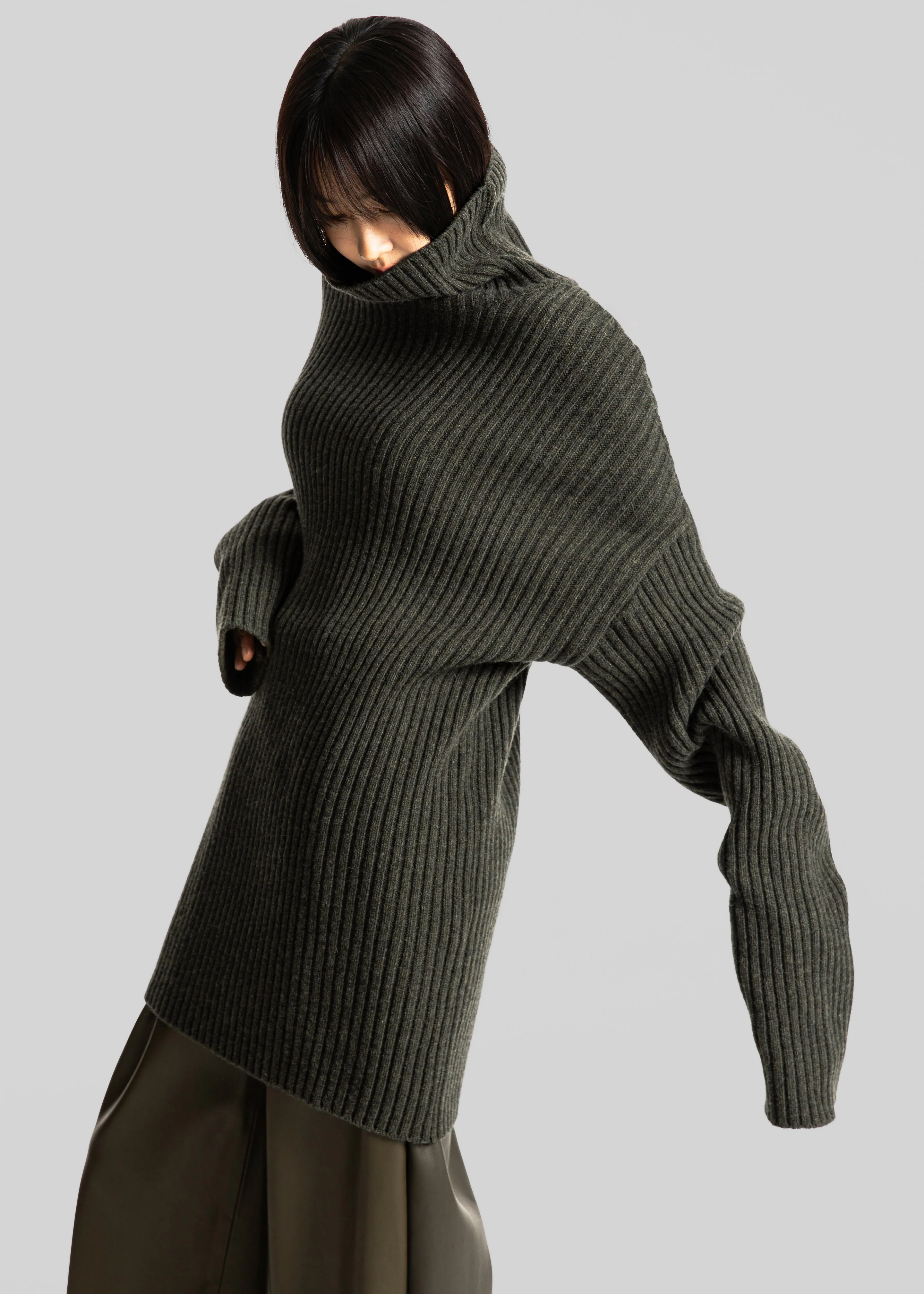 Thelma Ribbed Sweater Dress - Khaki - Image 2
